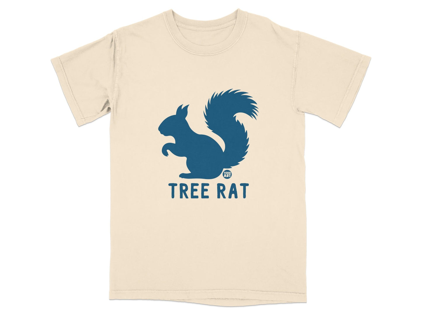 Cream t-shirt with a blue silhouette of a squirrel and "TREE RAT" text.