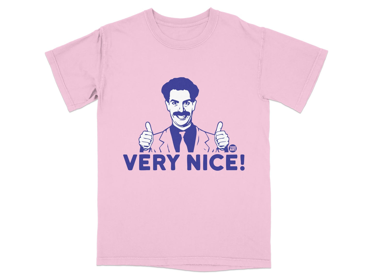 Pink t-shirt with Borat giving two thumbs up and "VERY NICE!" text.