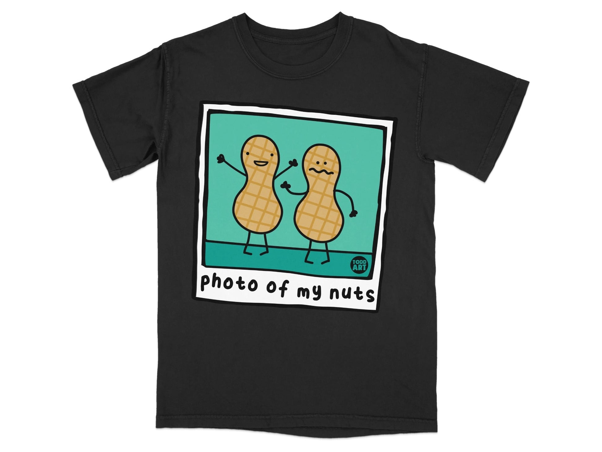 Two cartoon peanuts with faces smiling on a black t-shirt.