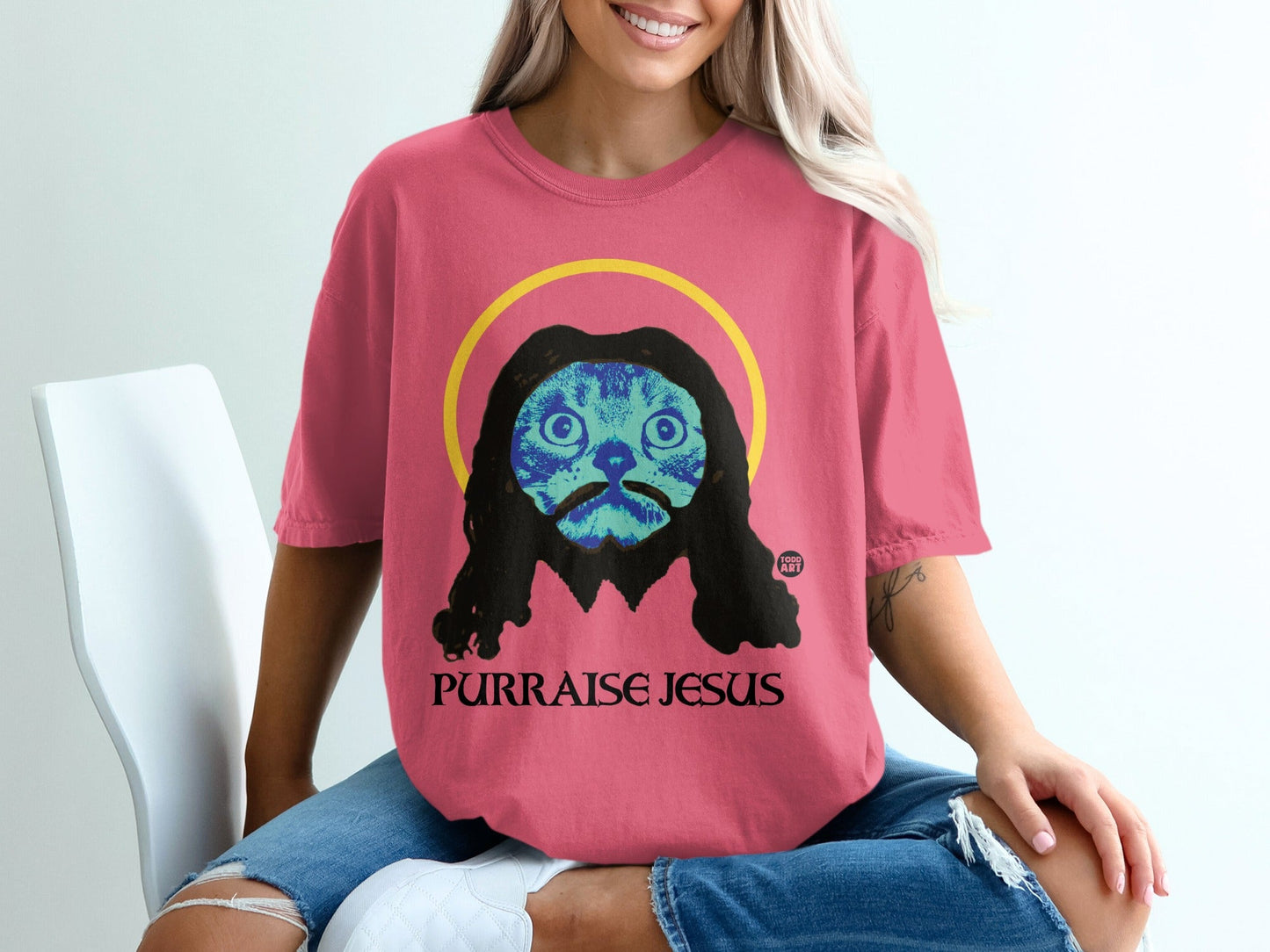 Purraise Jesus Graphic Tee with Cat Print Design