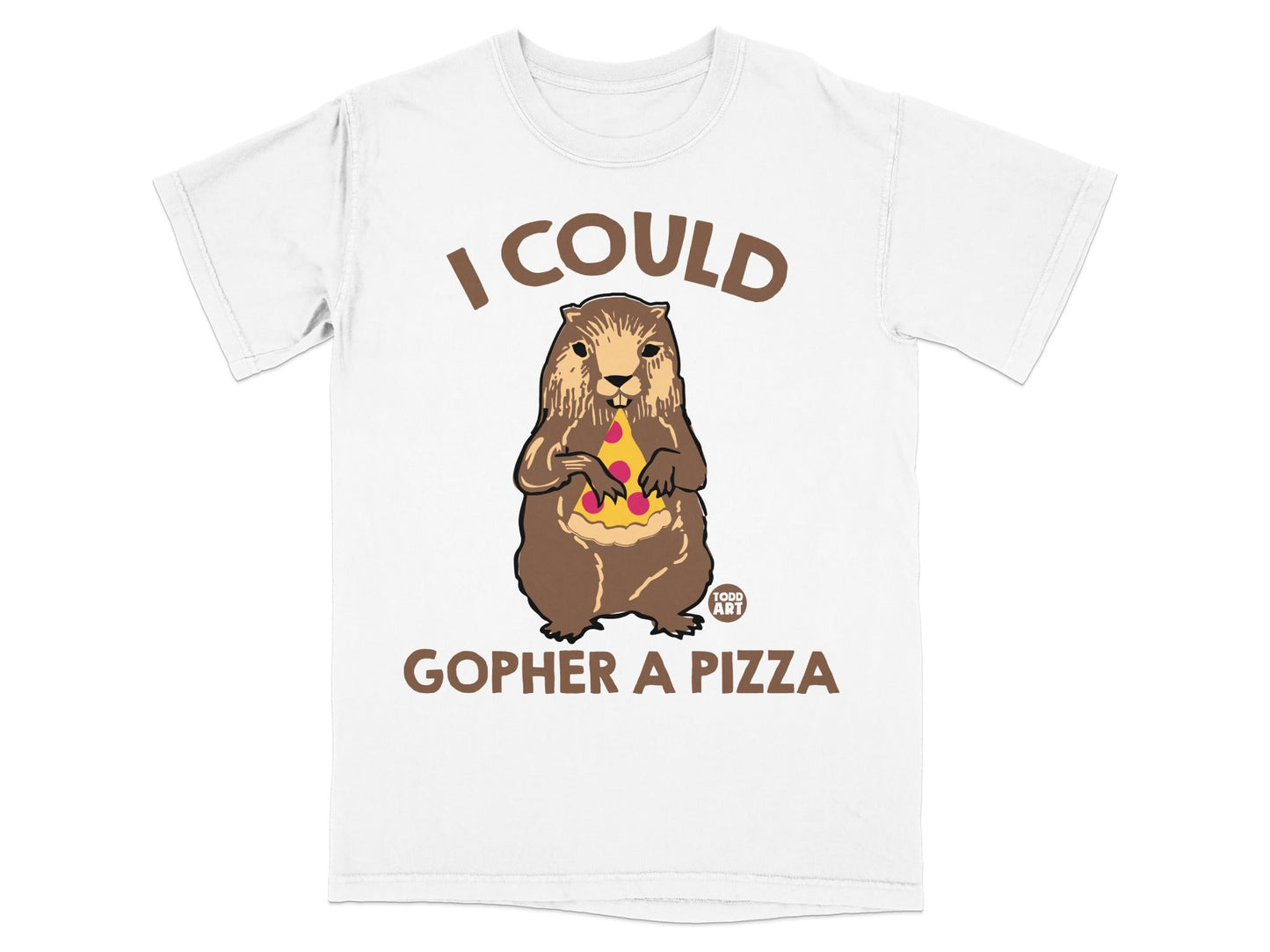 T-shirt with illustration of a gopher holding a slice of pizza.