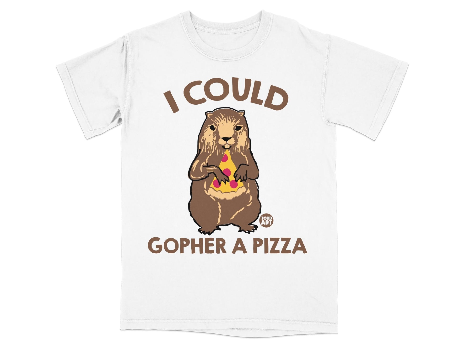T-shirt with illustration of a gopher holding a slice of pizza.