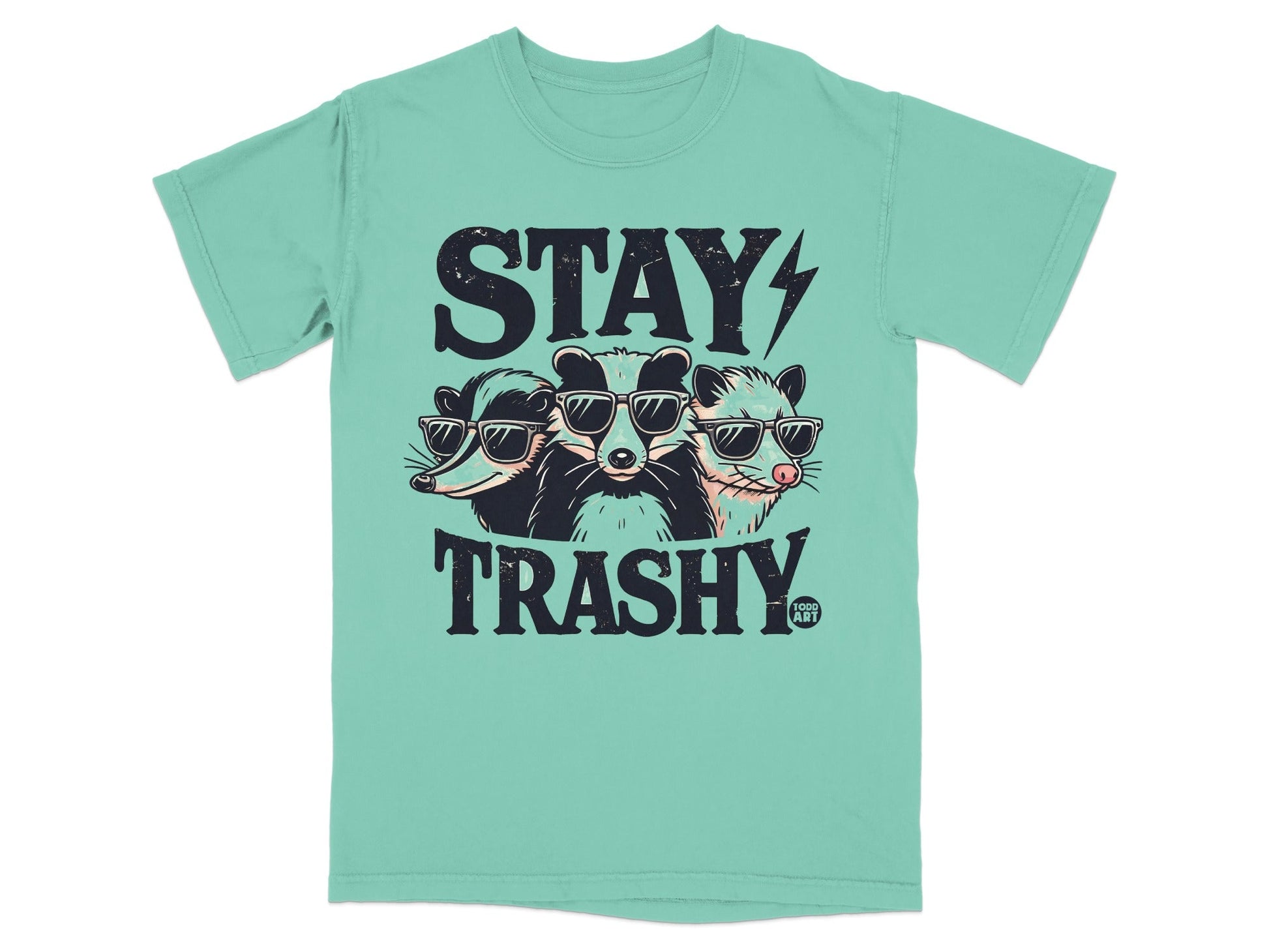 Three raccoons wearing sunglasses on a mint green t-shirt.
