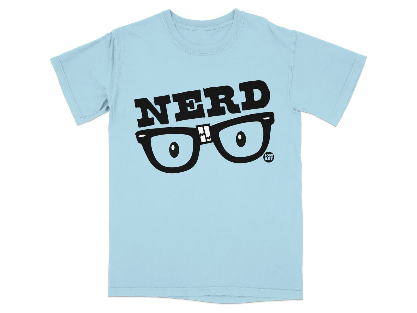 Light blue t-shirt with "NERD" text and cartoon eyeglasses.