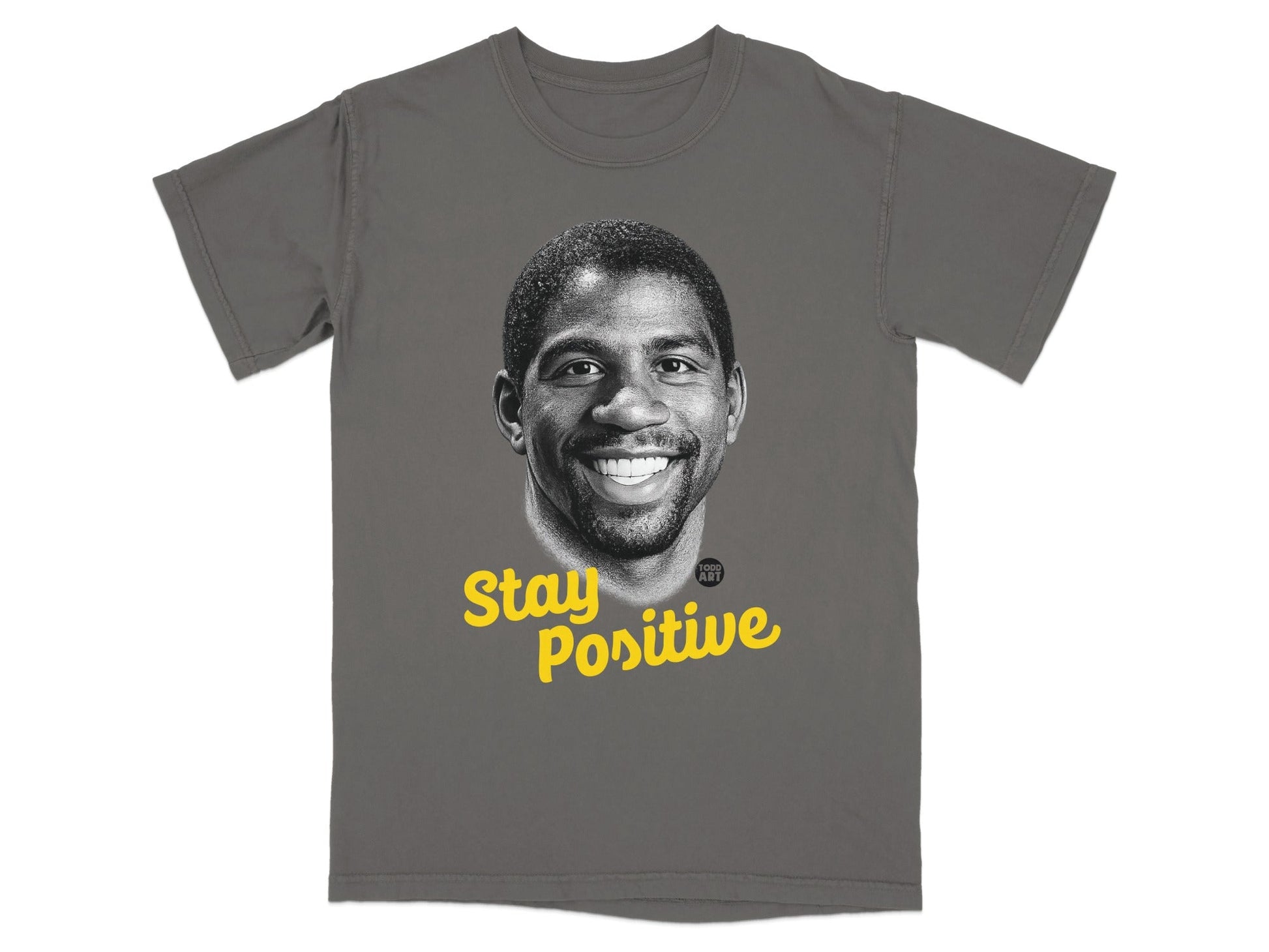 Gray t-shirt with portrait of Magic Johnson and "Stay Positive" text.