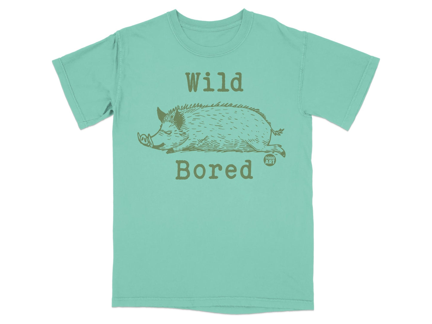 Green t-shirt with a sketch of a wild boar and "Wild Bored" text.