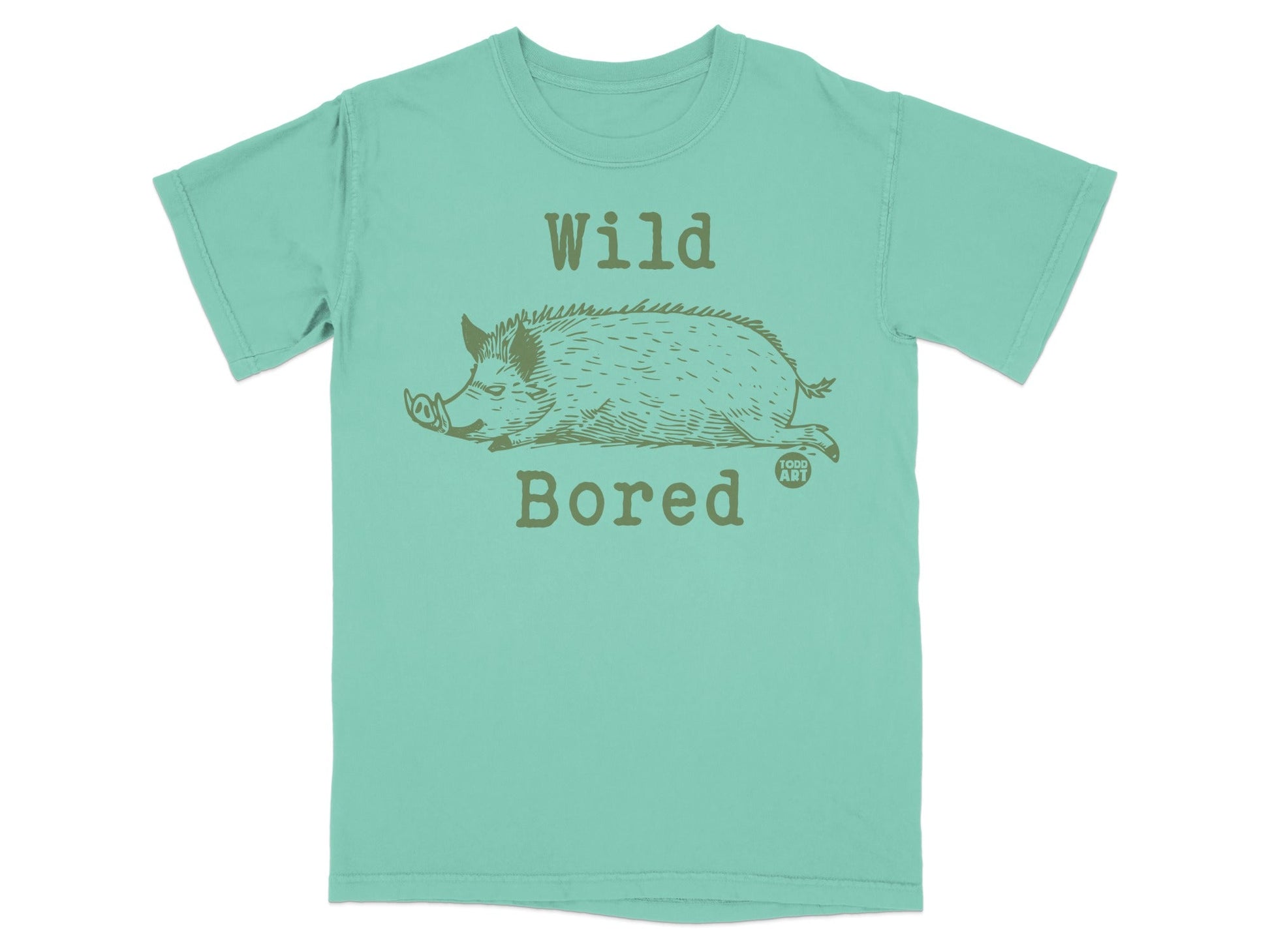 Green t-shirt with a sketch of a wild boar and "Wild Bored" text.
