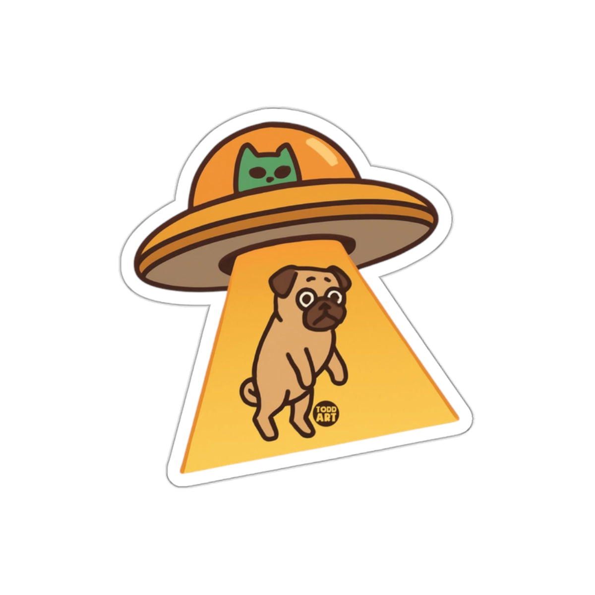 Abducted Pug Art With Alien UFO And Cat Pilot Stickers