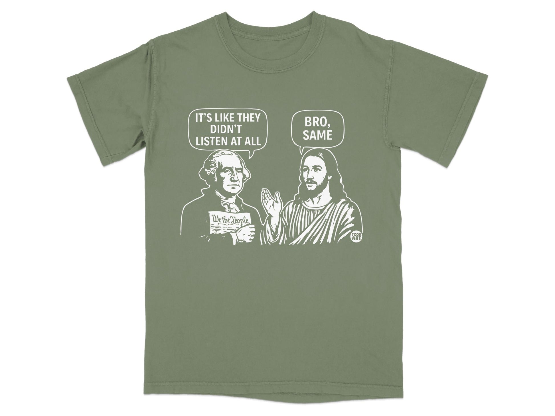 George Washington and Jesus talking about the Constitution, text above.