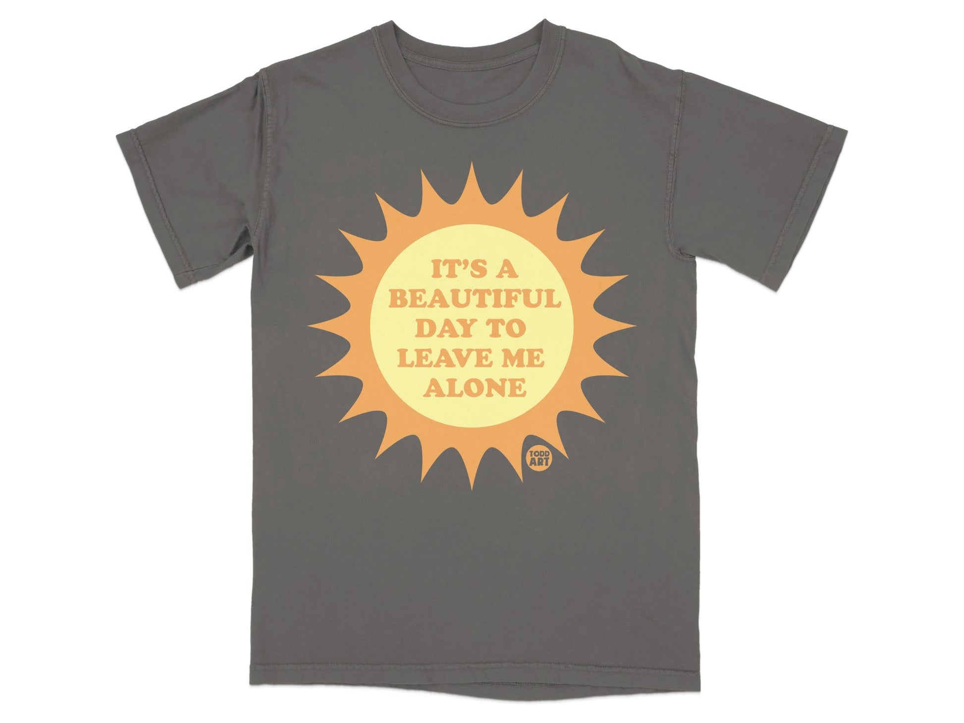 Gray t-shirt with a sun graphic and text that reads "IT'S A BEAUTIFUL DAY TO LEAVE ME ALONE".
