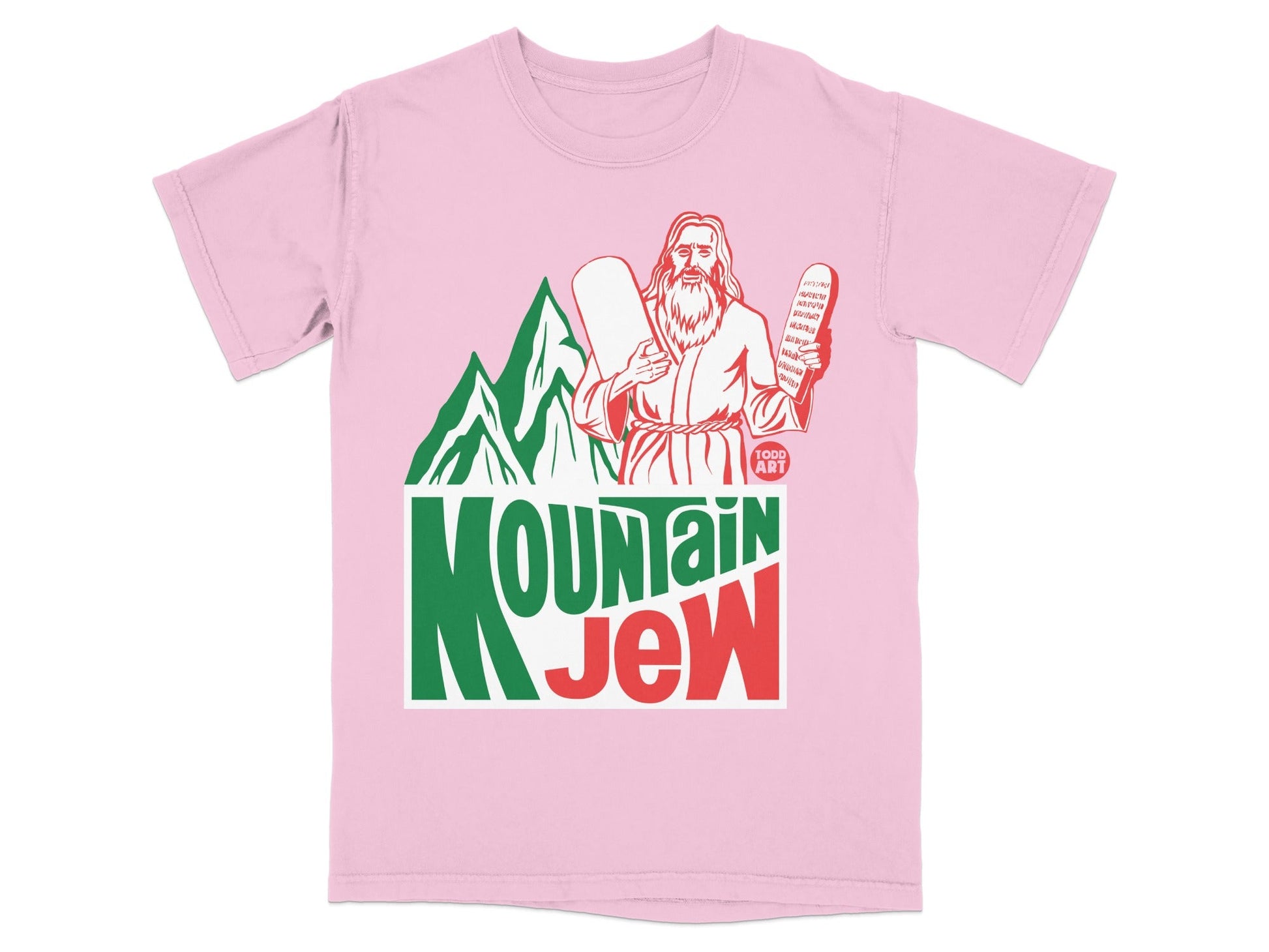 Pink t-shirt with "Mountain Jew" logo featuring Moses holding tablets.