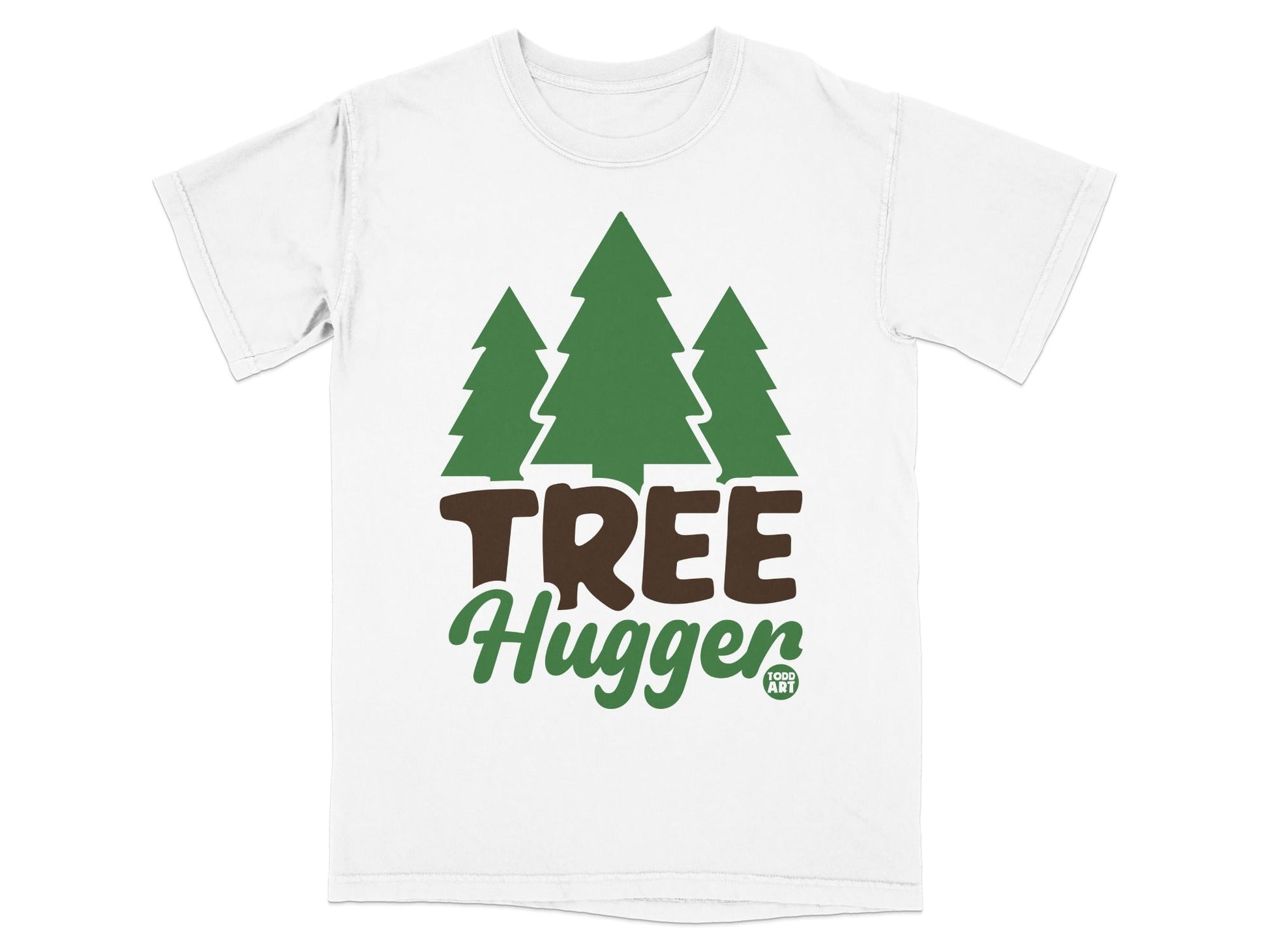 White t-shirt with green trees and "Tree Hugger" text.
