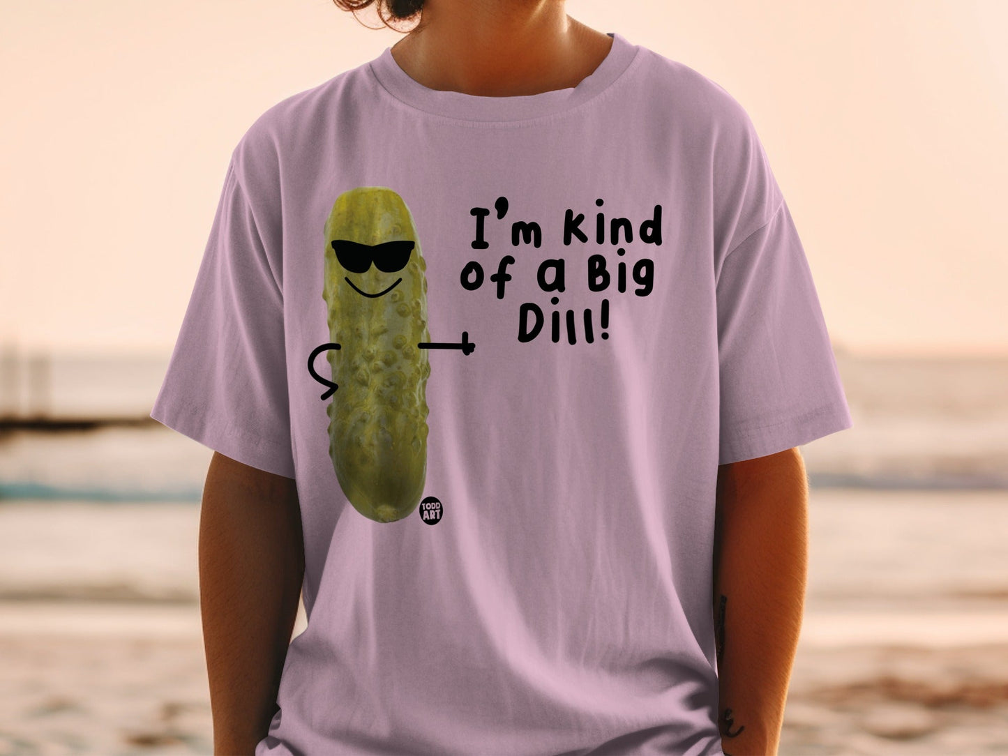 T-shirt with a pickle wearing sunglasses and text "I'm kind of a Big Dill!".