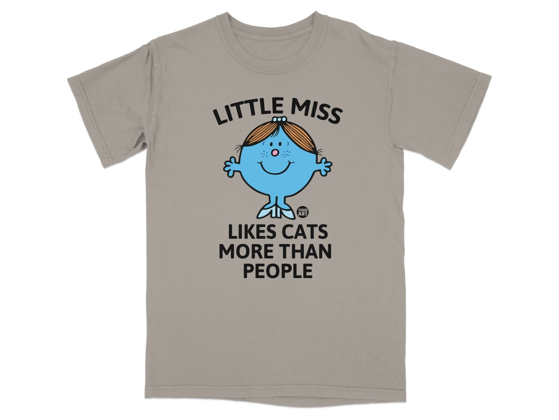 T-shirt with "Little Miss Likes Cats More Than People" text and cartoon character.