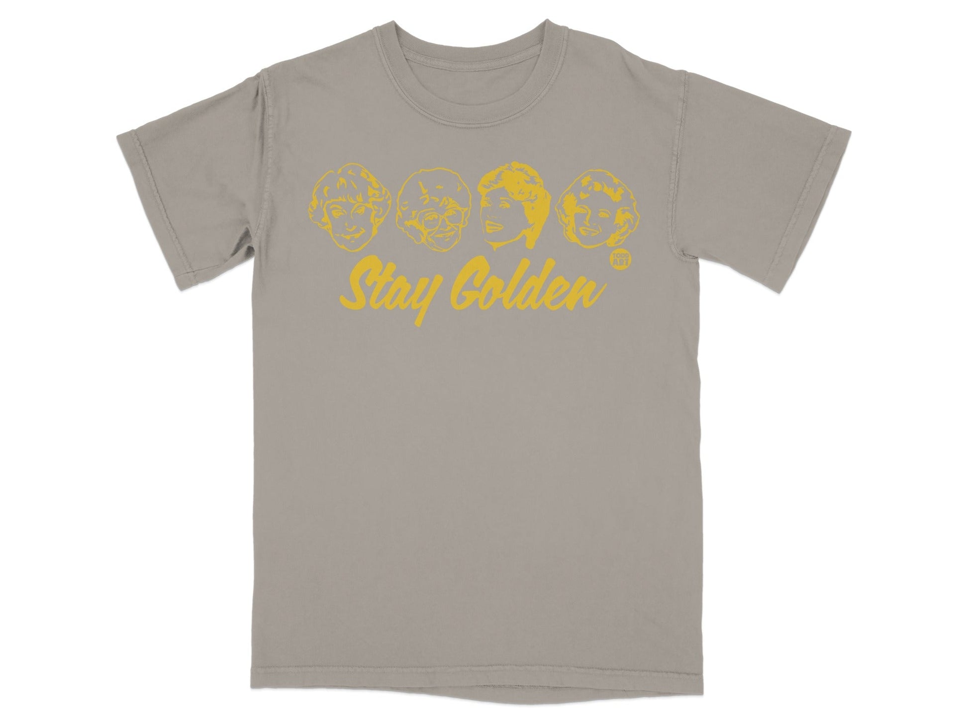Gray t-shirt with four stylized yellow portraits and "Stay Golden" text.