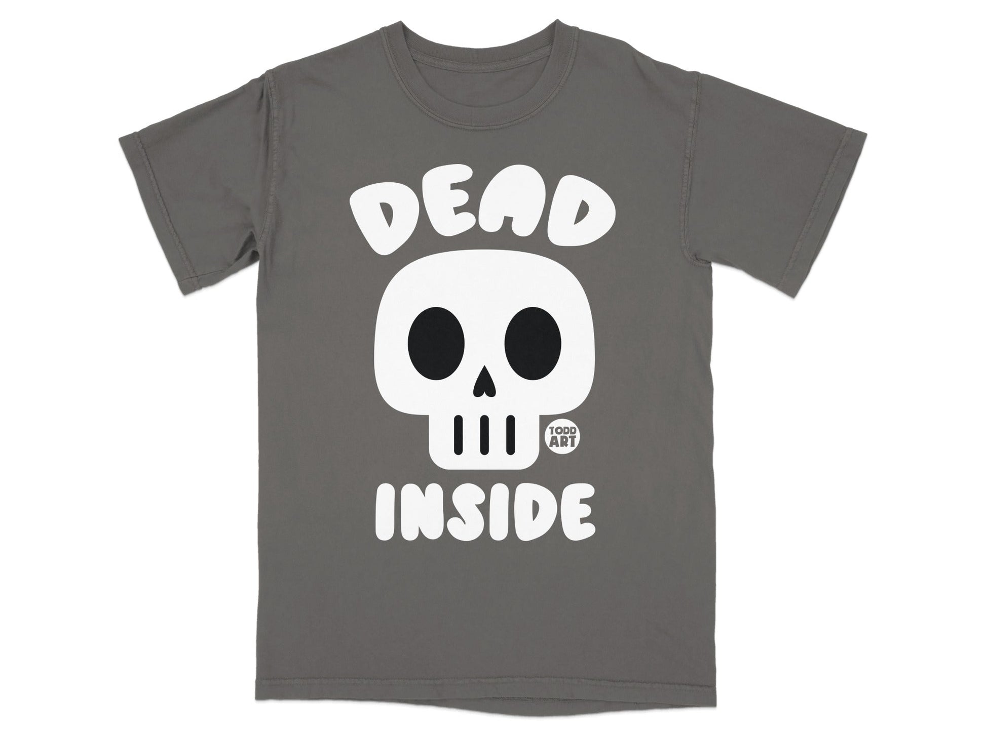 Gray t-shirt with a white skull and "DEAD INSIDE" text.