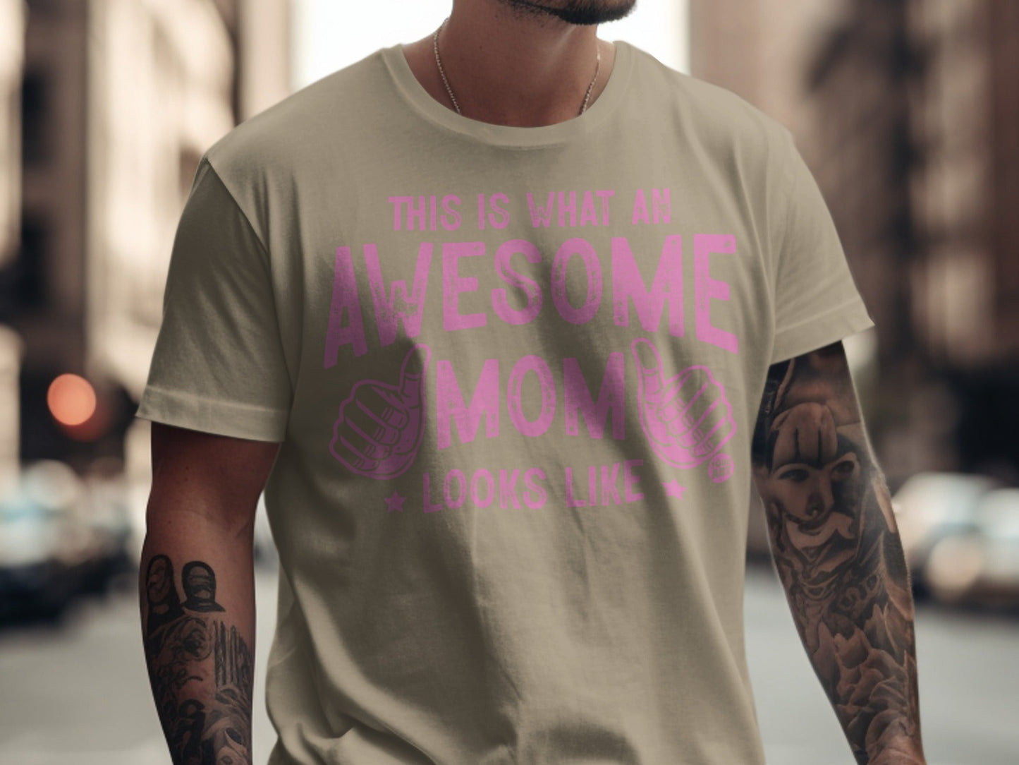 Tan t-shirt with pink text "This is what an awesome mom looks like."