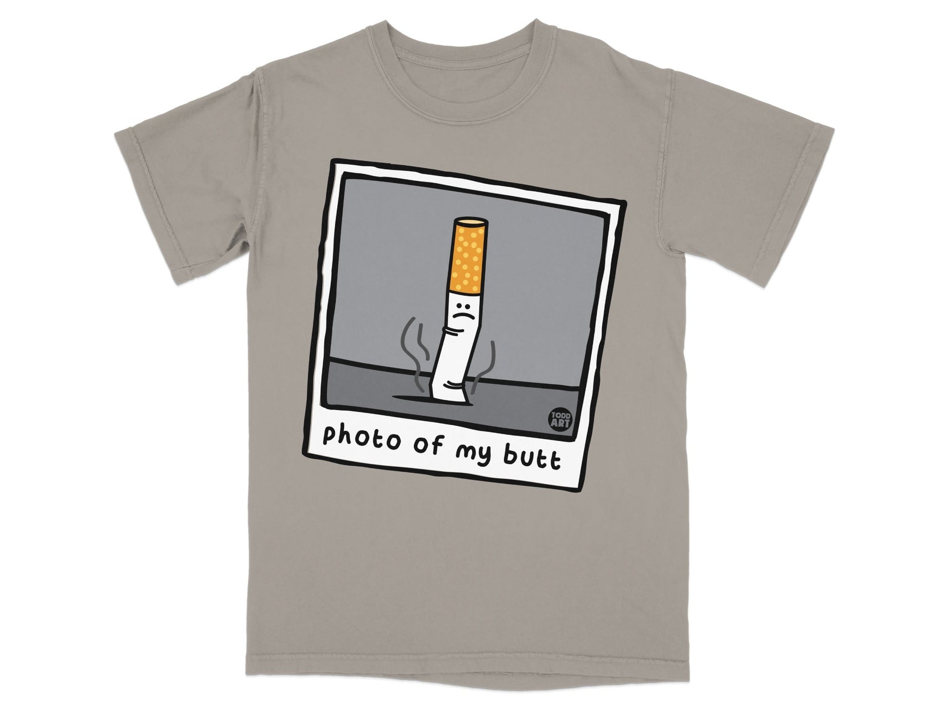 T-shirt with cartoon cigarette graphic and "photo of my butt" text.