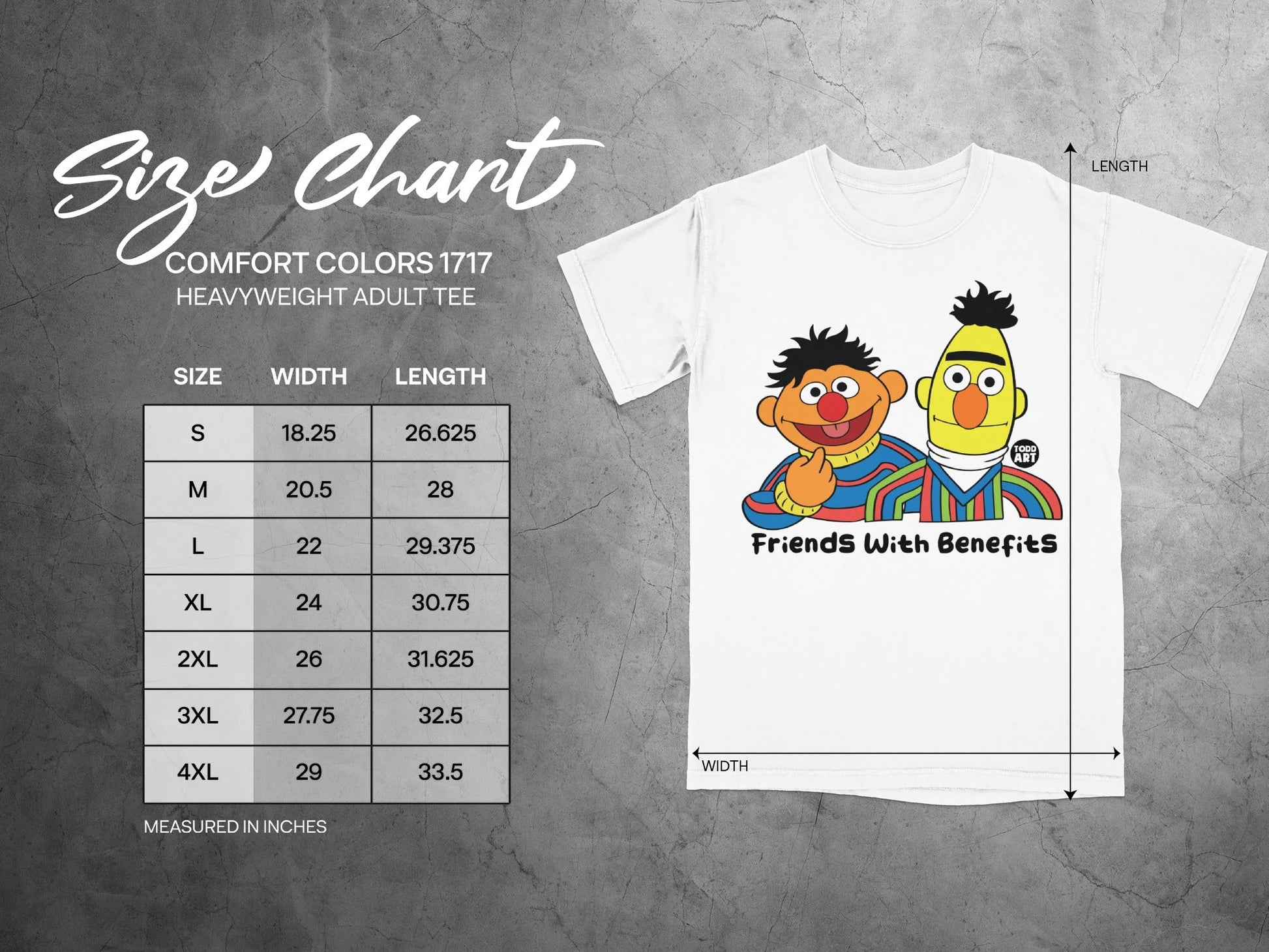 Size chart for Comfort Colors 1717 heavyweight adult tee.