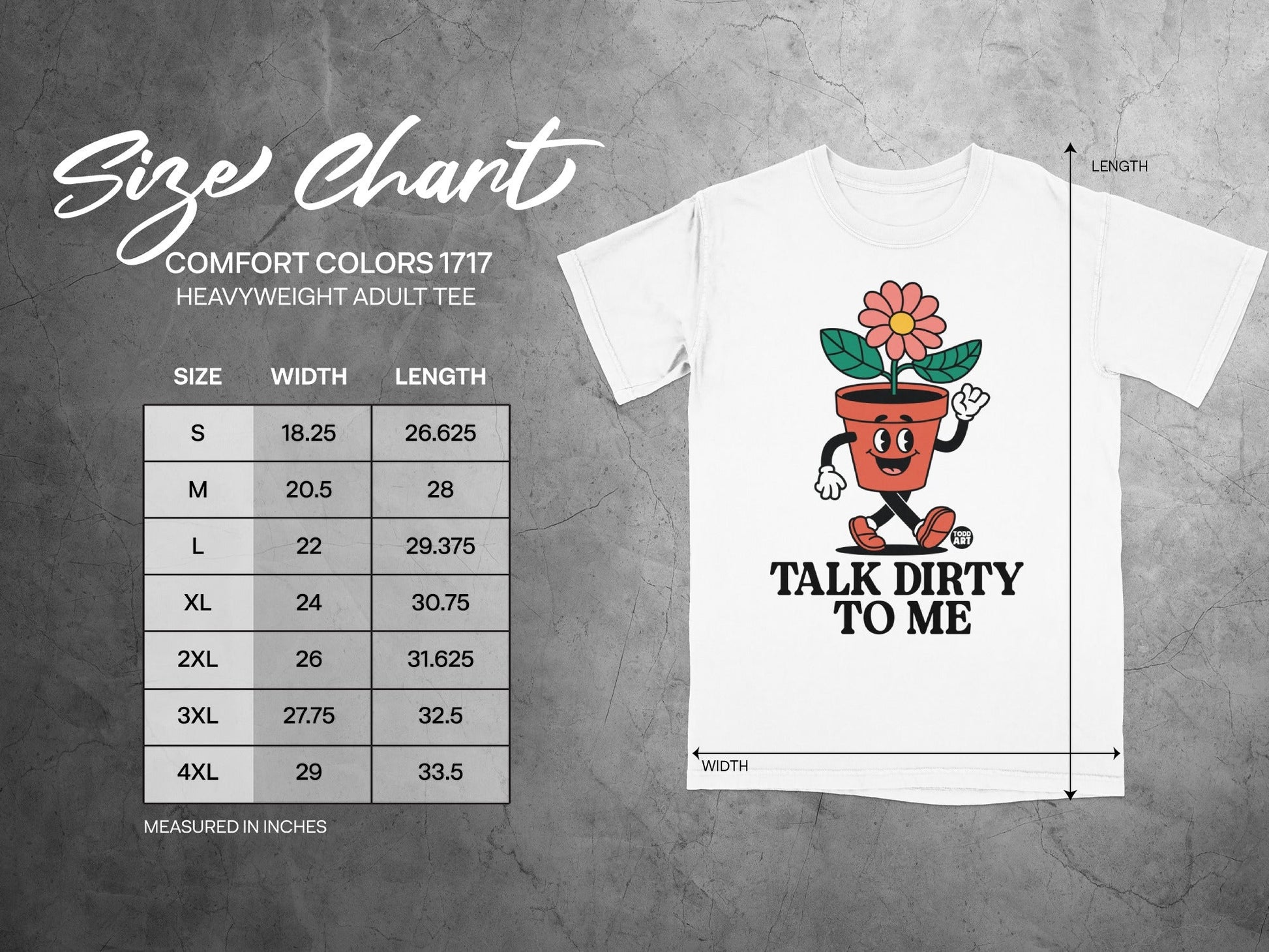 Comfort Colors 1717 heavyweight t-shirt size chart with anthropomorphic potted plant.