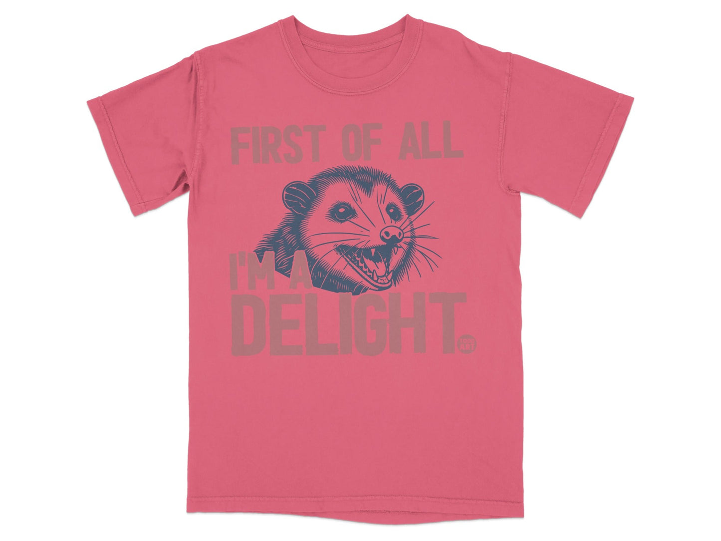 Pink t-shirt with opossum graphic and text "FIRST OF ALL, I'M A DELIGHT."