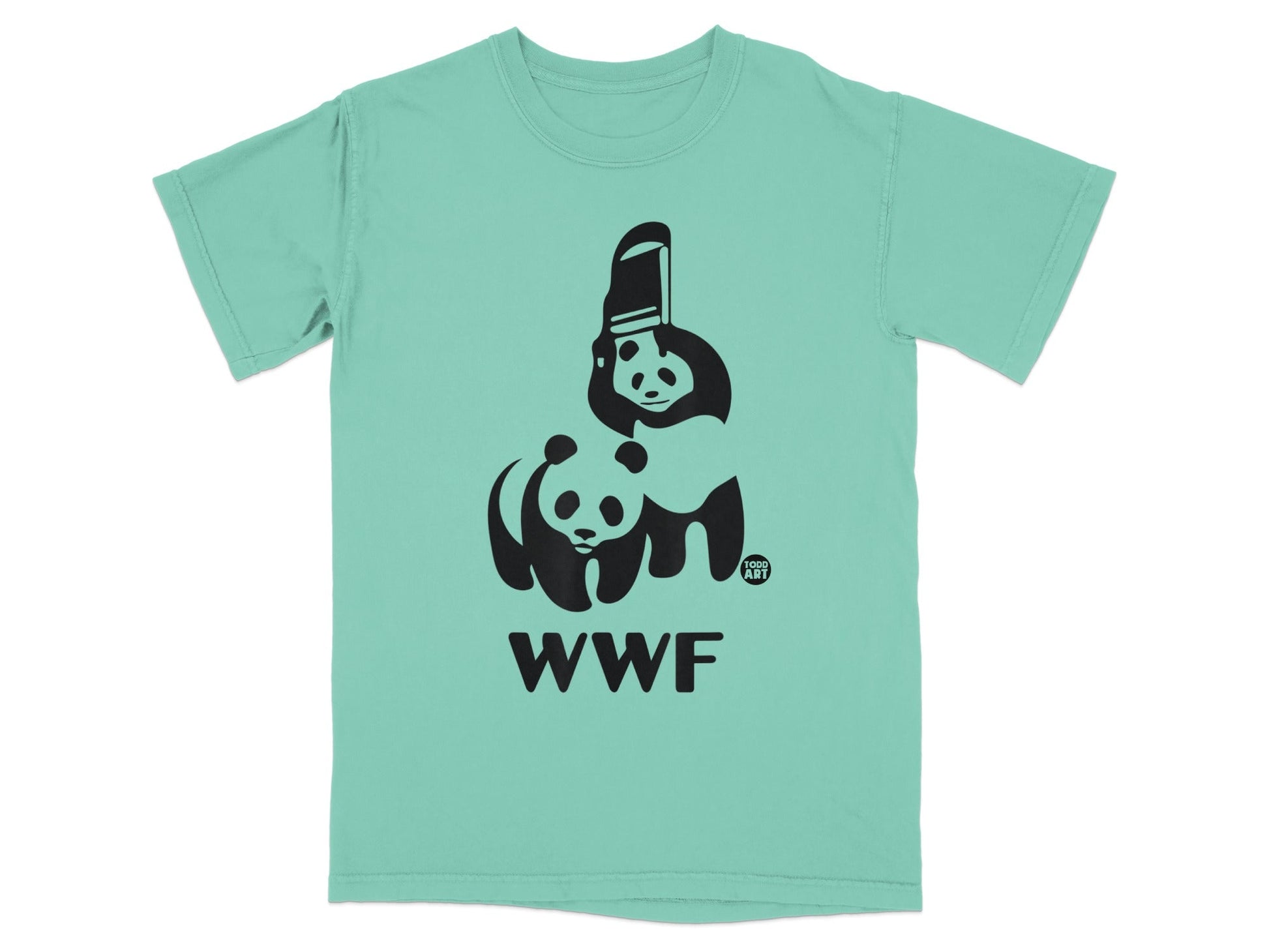 WWF panda logo with panda cub and parent on a teal t-shirt.