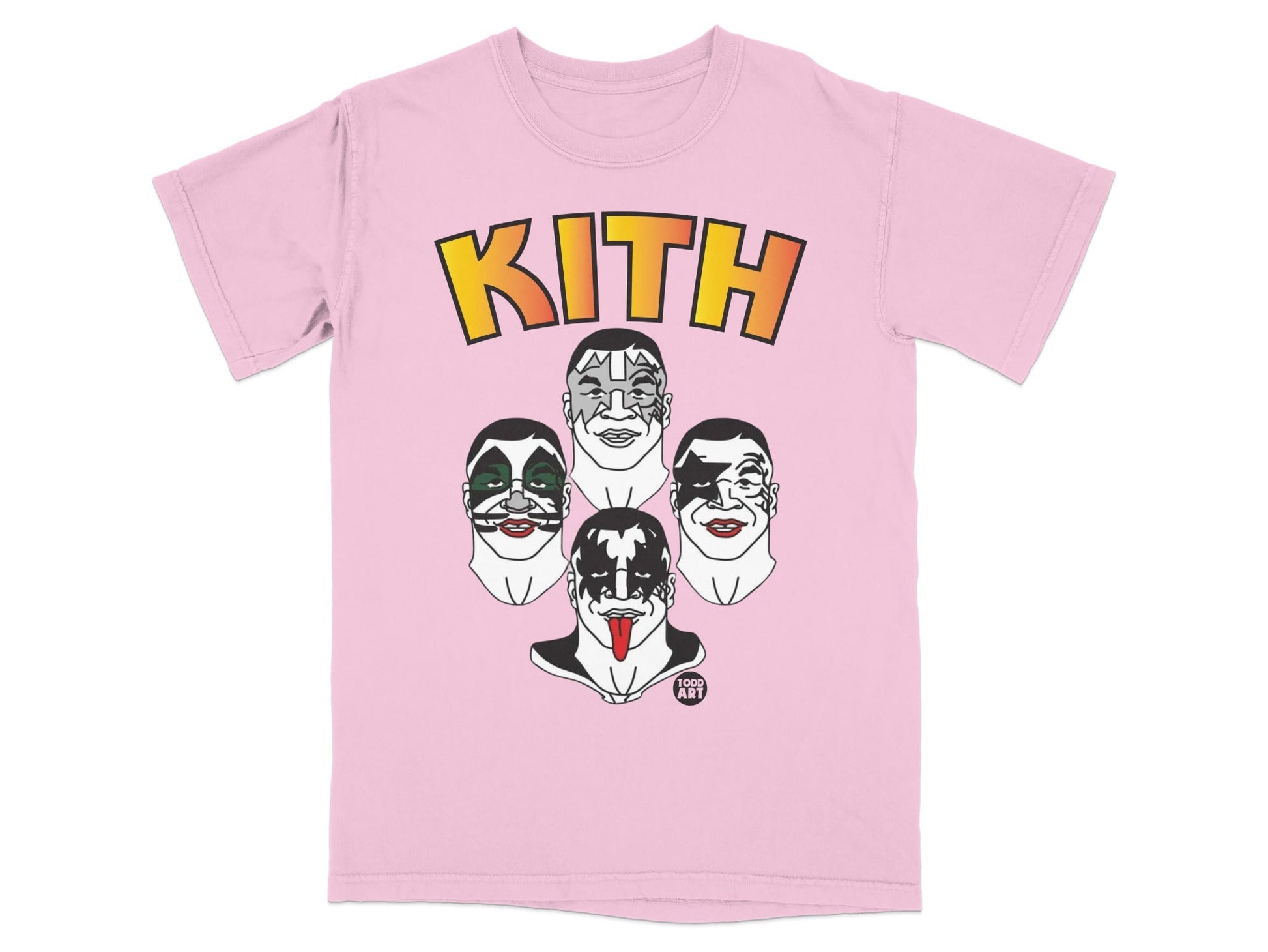 Kith logo above four KISS band members in stylized cartoon faces.