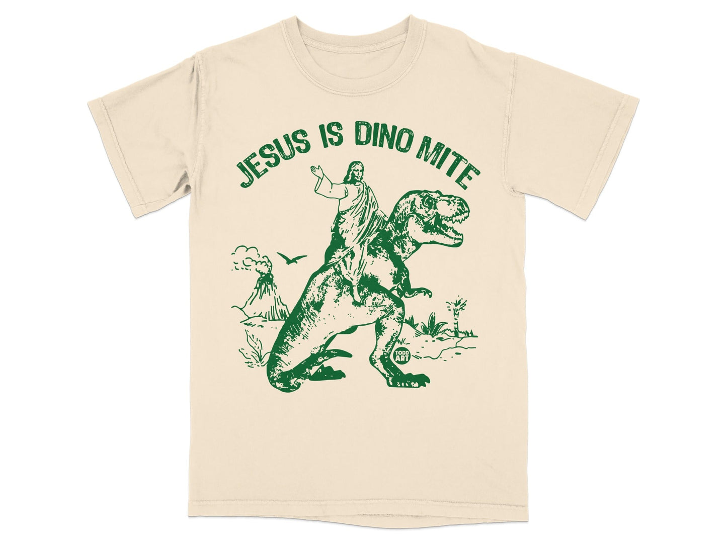 Jesus riding a T-Rex with "Jesus is Dino Mite" text.