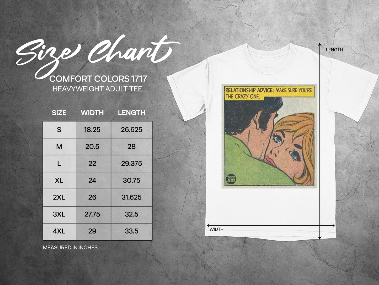 Size chart for Comfort Colors 1717 heavyweight adult tee with comic art.
