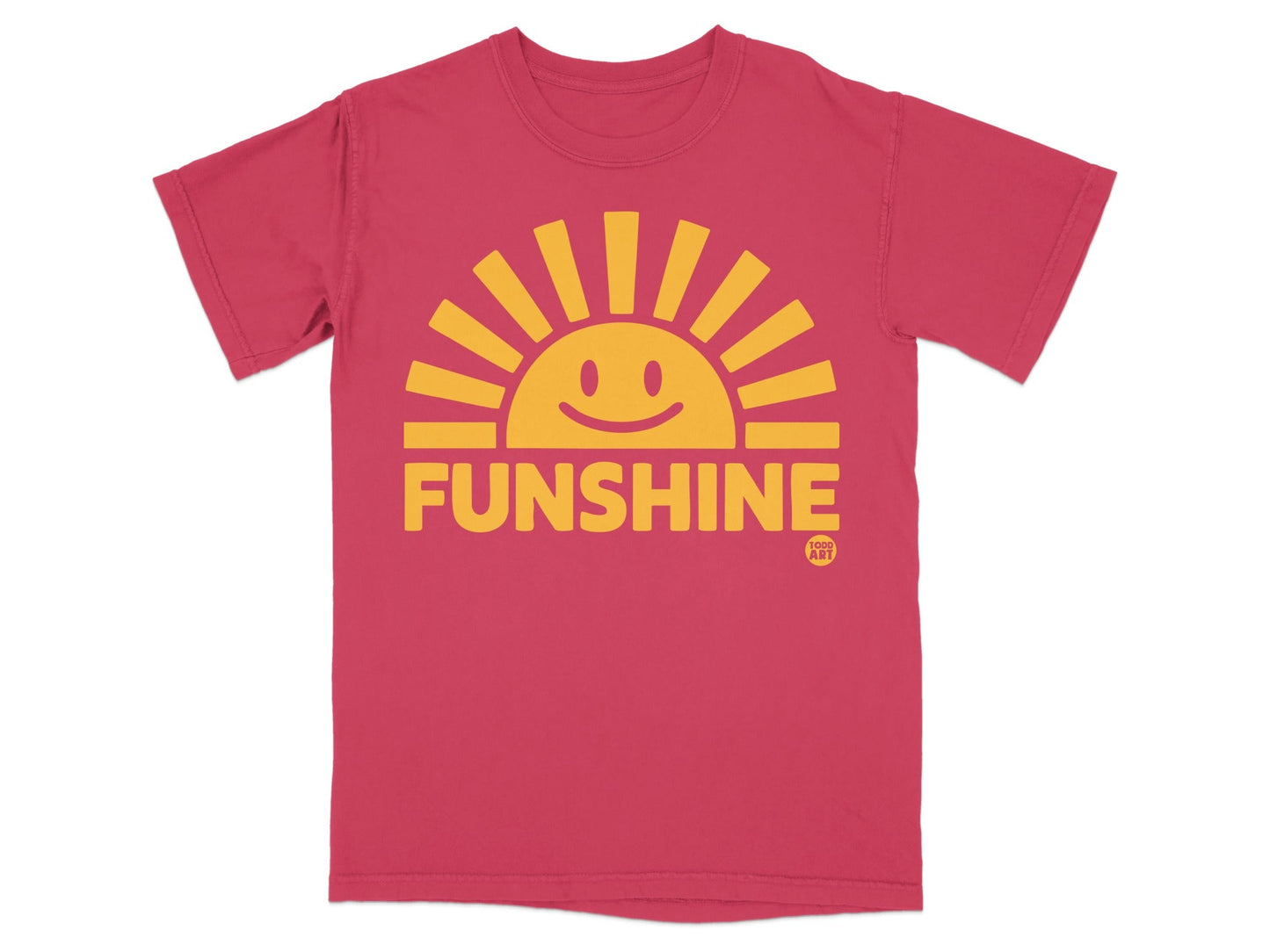 Red t-shirt with yellow "FUNSHINE" text and smiling sun graphic.