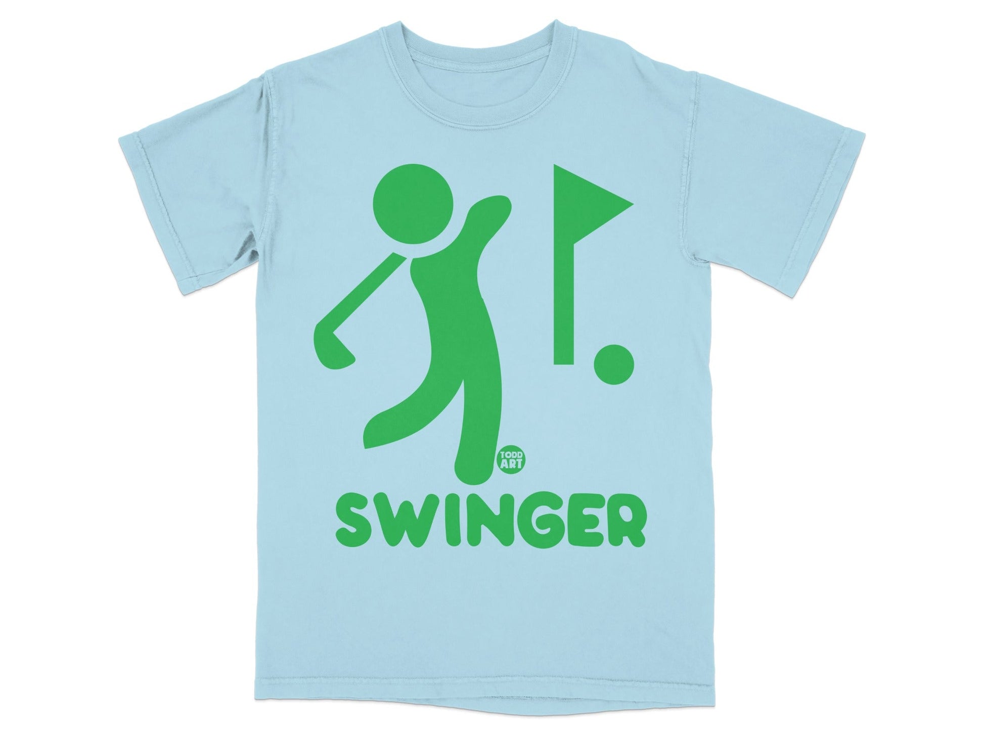 Light blue t-shirt with a green golf swing graphic and the word SWINGER.