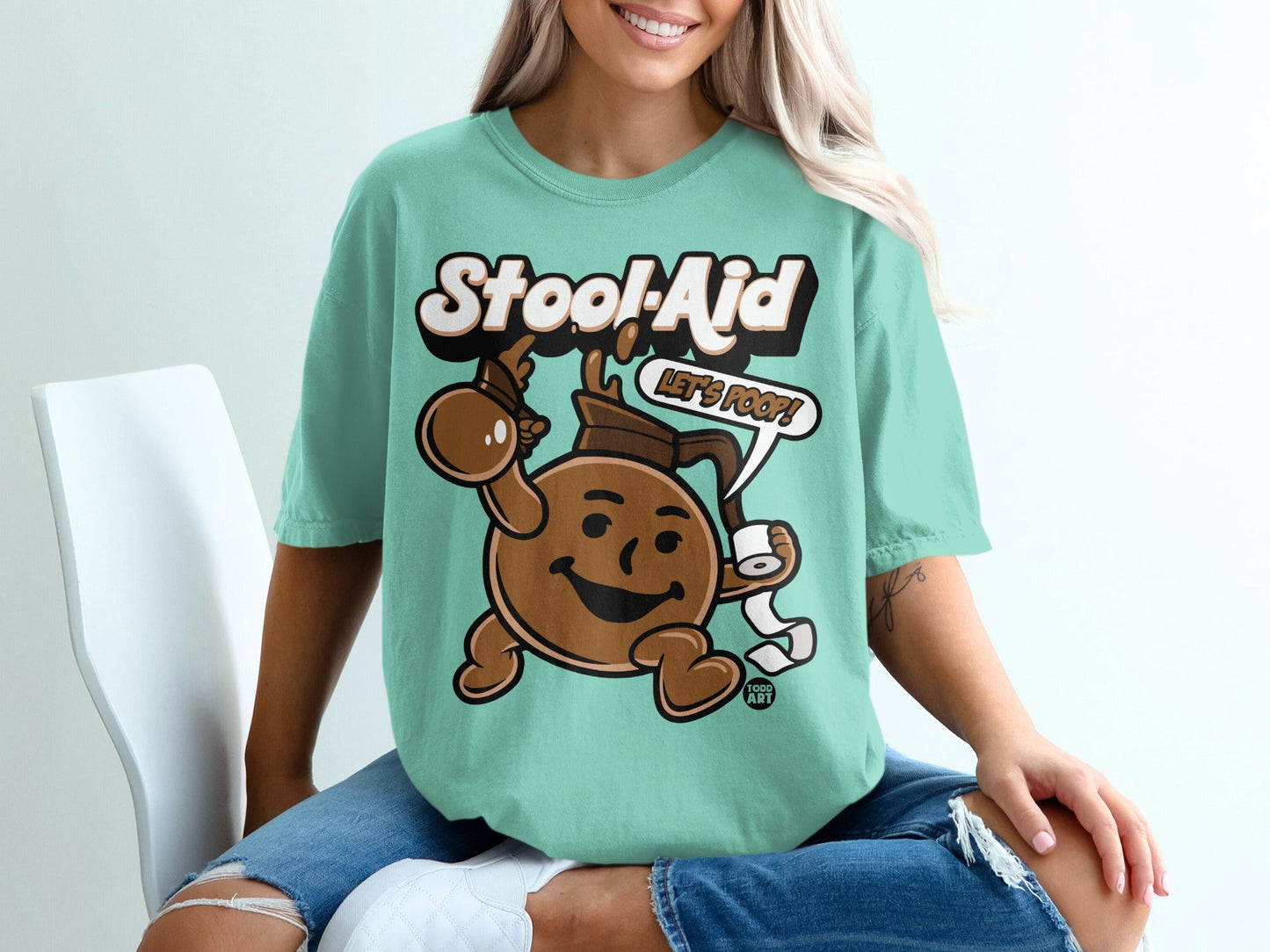 Cartoon character with toilet paper and text "Stool-Aid LET'S POOP!"