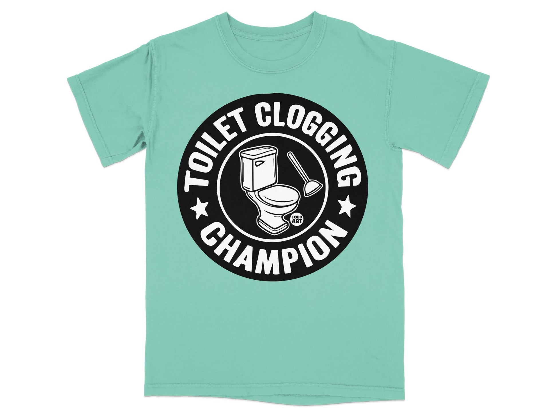 Toilet Clogging Champion logo with toilet and plunger on teal t-shirt.