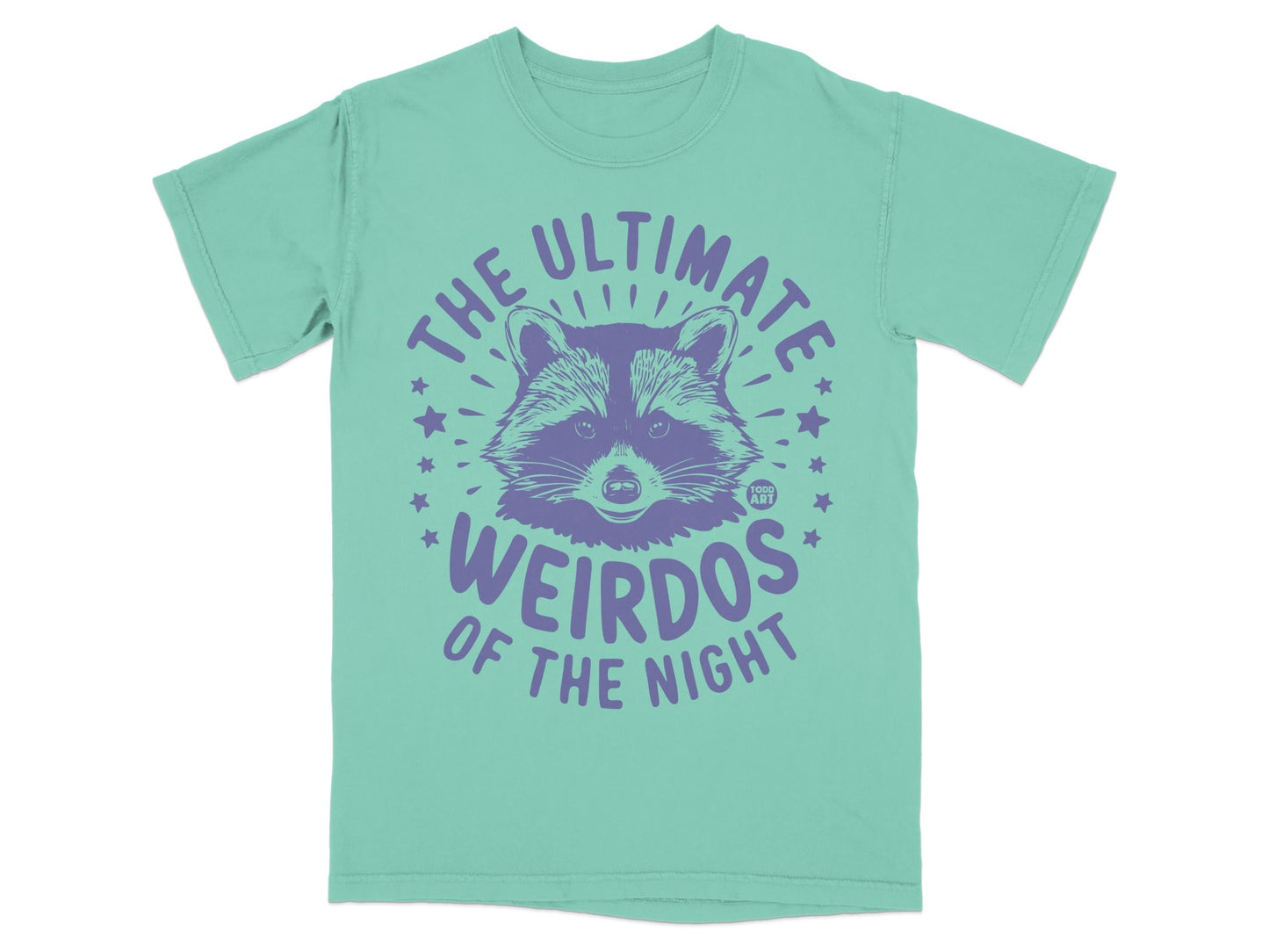 Teal t-shirt with "The Ultimate Weirdos of the Night" and a raccoon illustration.