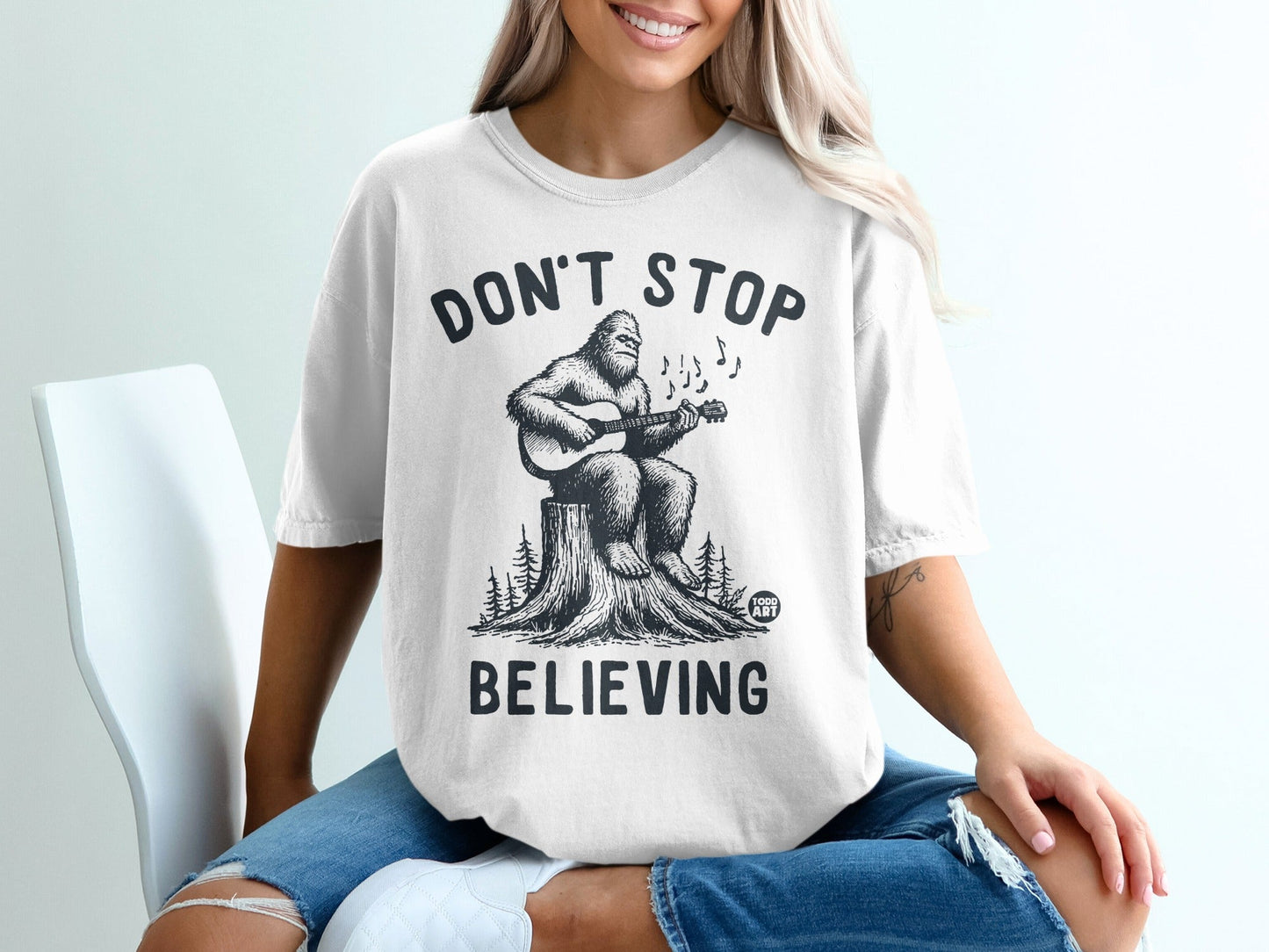 Don't Stop Believing Bigfoot Playing Guitar Shirt