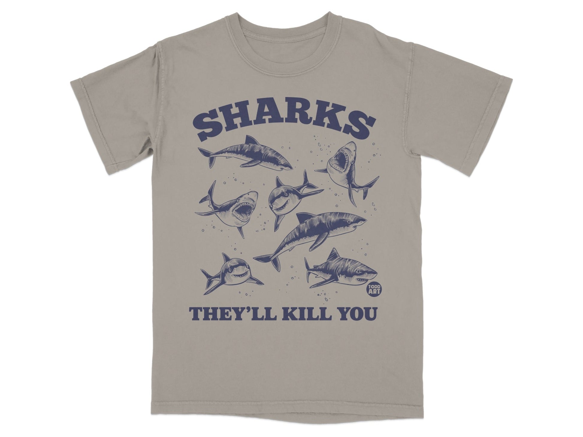T-shirt with multiple sharks and text "SHARKS THEY'LL KILL YOU FOOD ART".