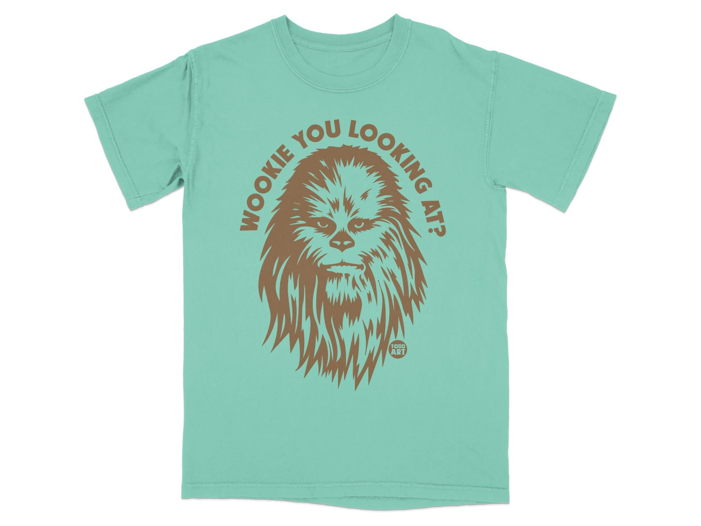 Wookiee You Looking At? graphic t-shirt with Chewbacca illustration.
