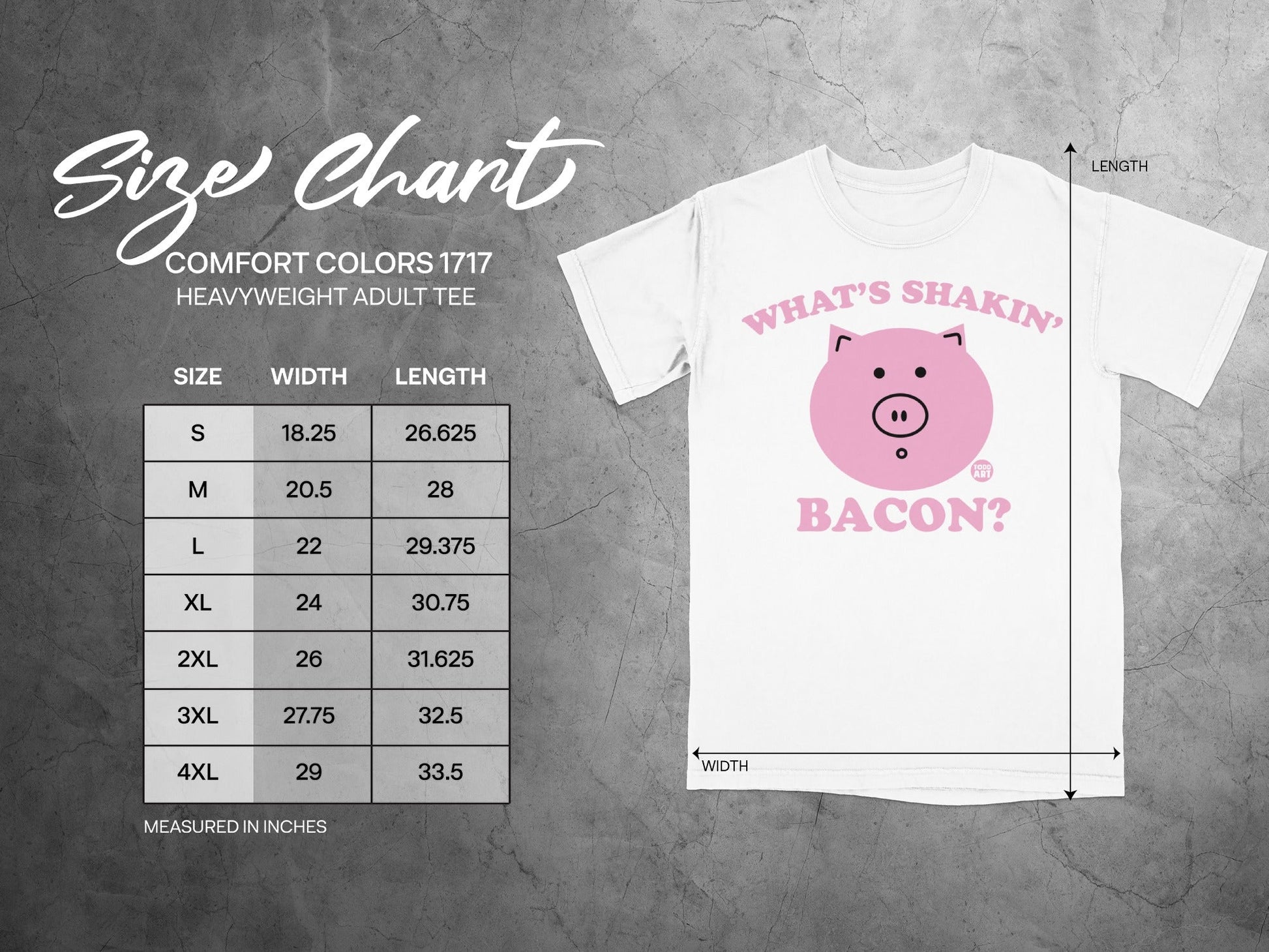 Size chart for Comfort Colors 1717 heavyweight adult tee, with bacon graphic.