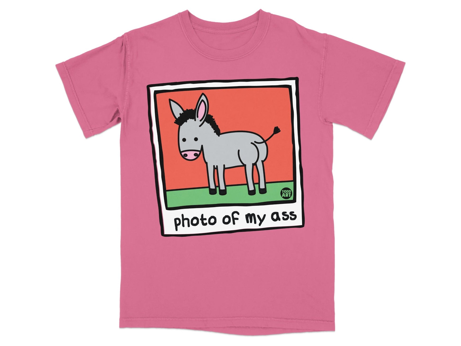 Pink t-shirt with a cartoon donkey and "photo of my ass" text.