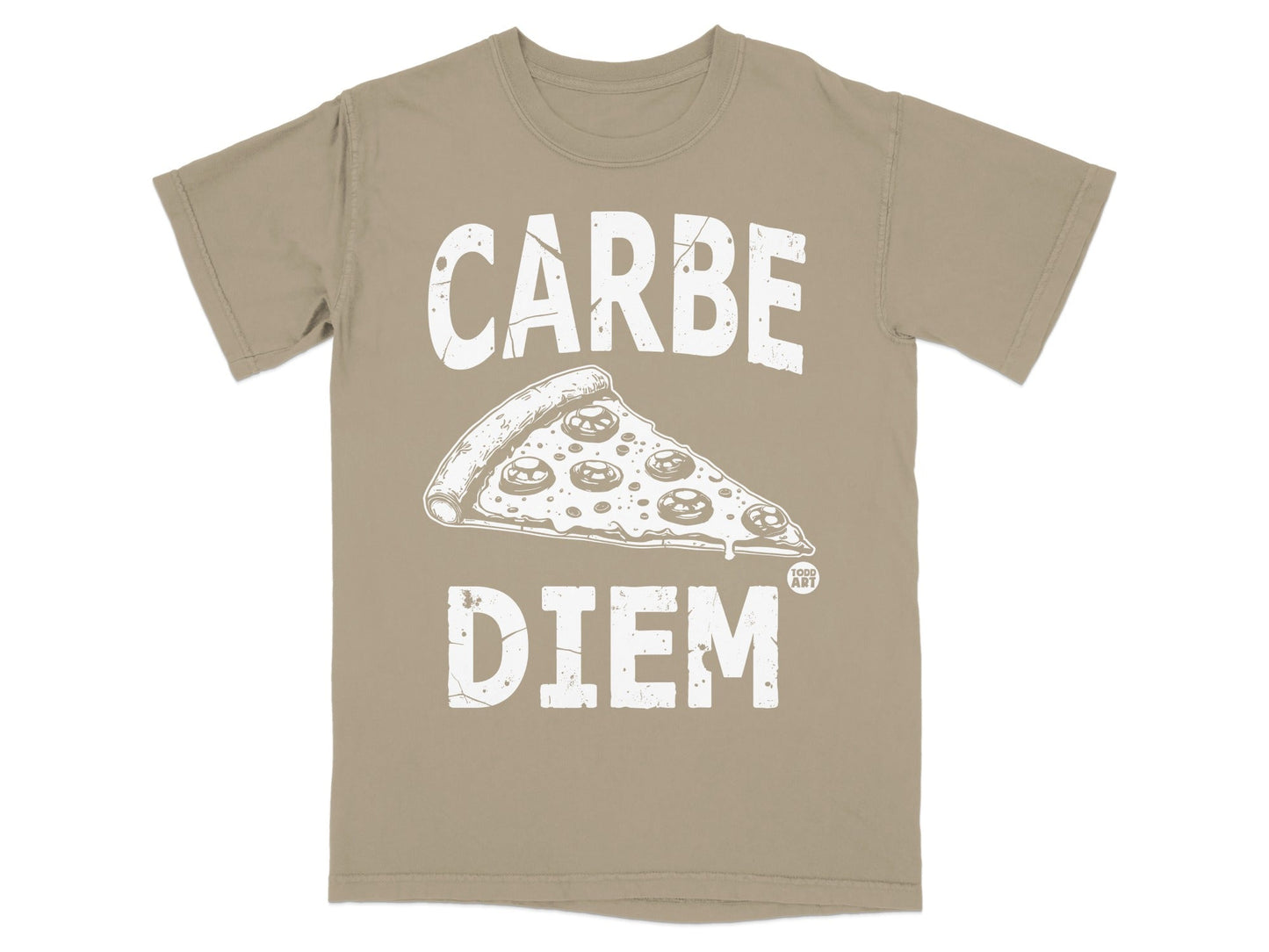 Carpe Diem text above a slice of pizza on a tan t-shirt.