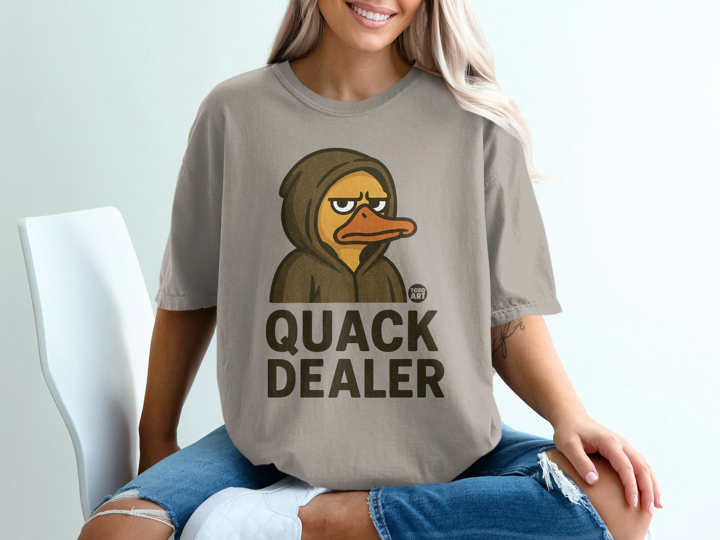 Quack Dealer Hooded Duck Print Humorous Graphic T-Shirt