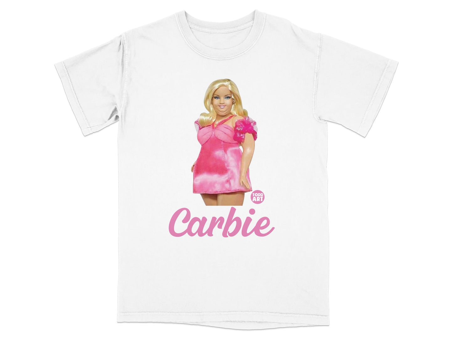 Barbie with pink dress and "Carbie" text.