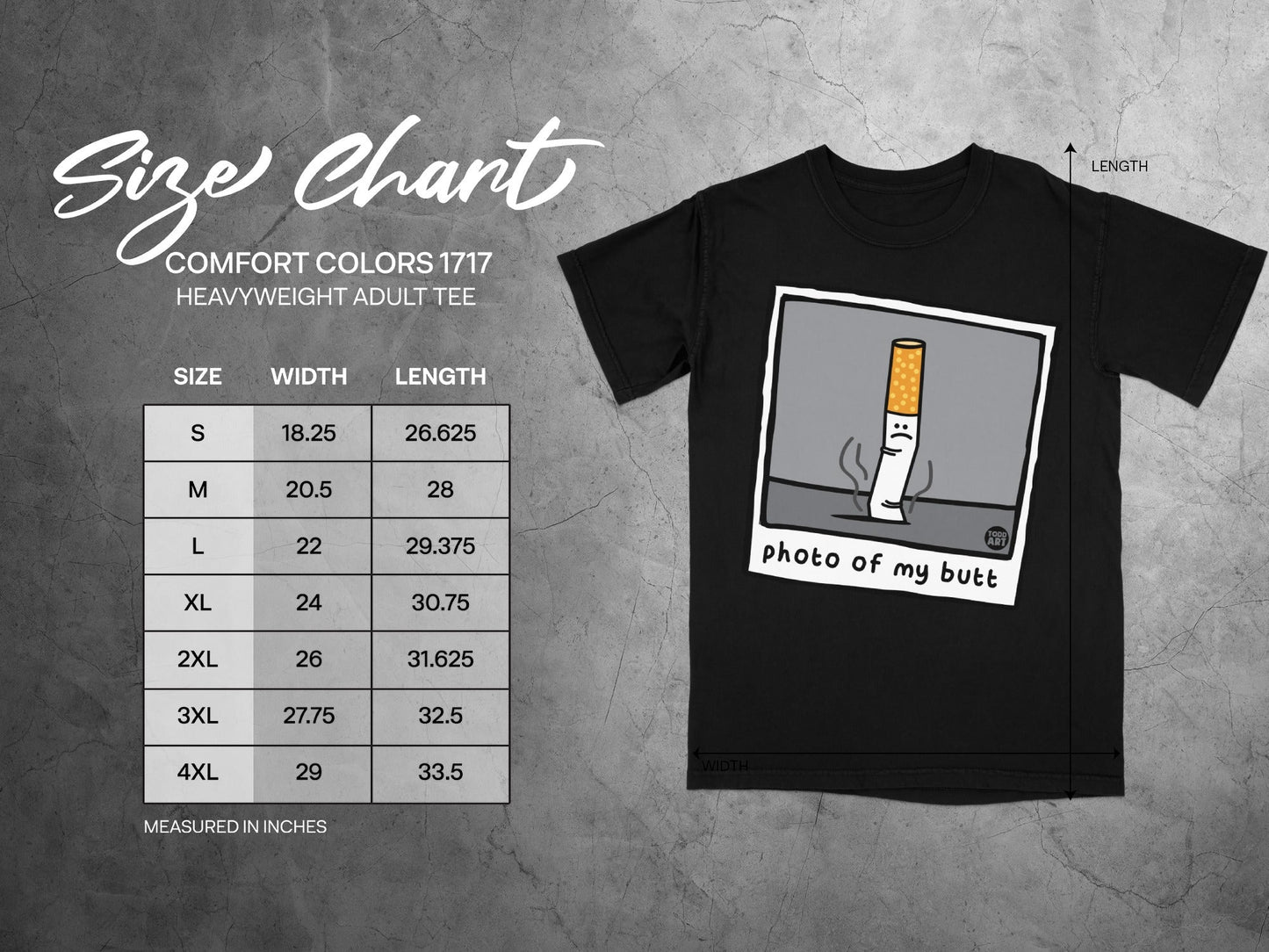 T-shirt size chart with diagram and cartoon cigarette.