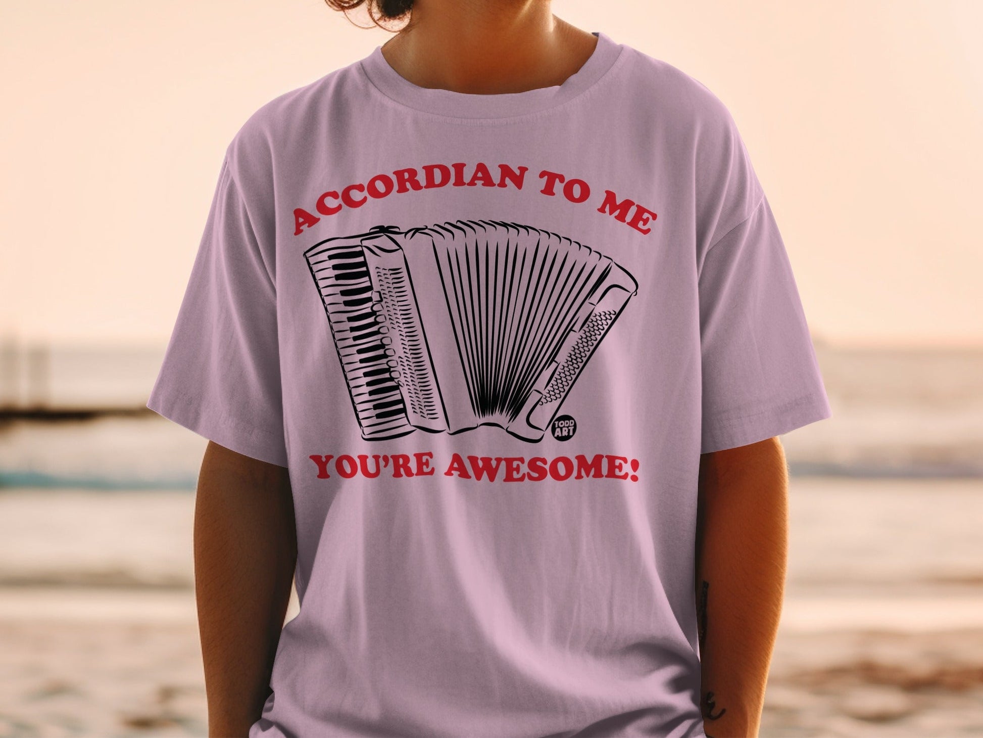 Pink t-shirt with accordion graphic and text "ACCORDIAN TO ME YOU'RE AWESOME!"