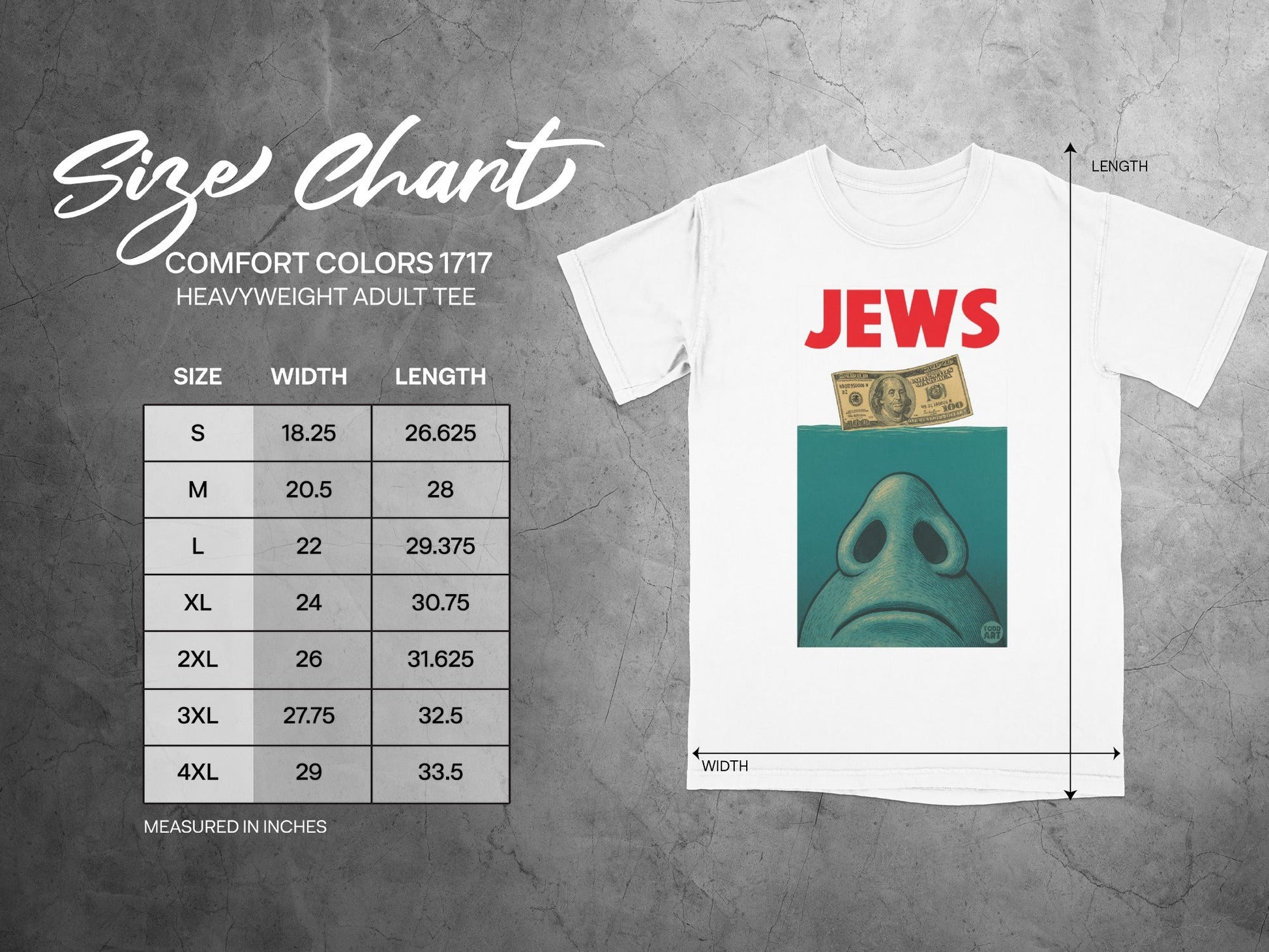Size chart with t-shirt on right featuring a close-up of a nose and a US dollar bill.