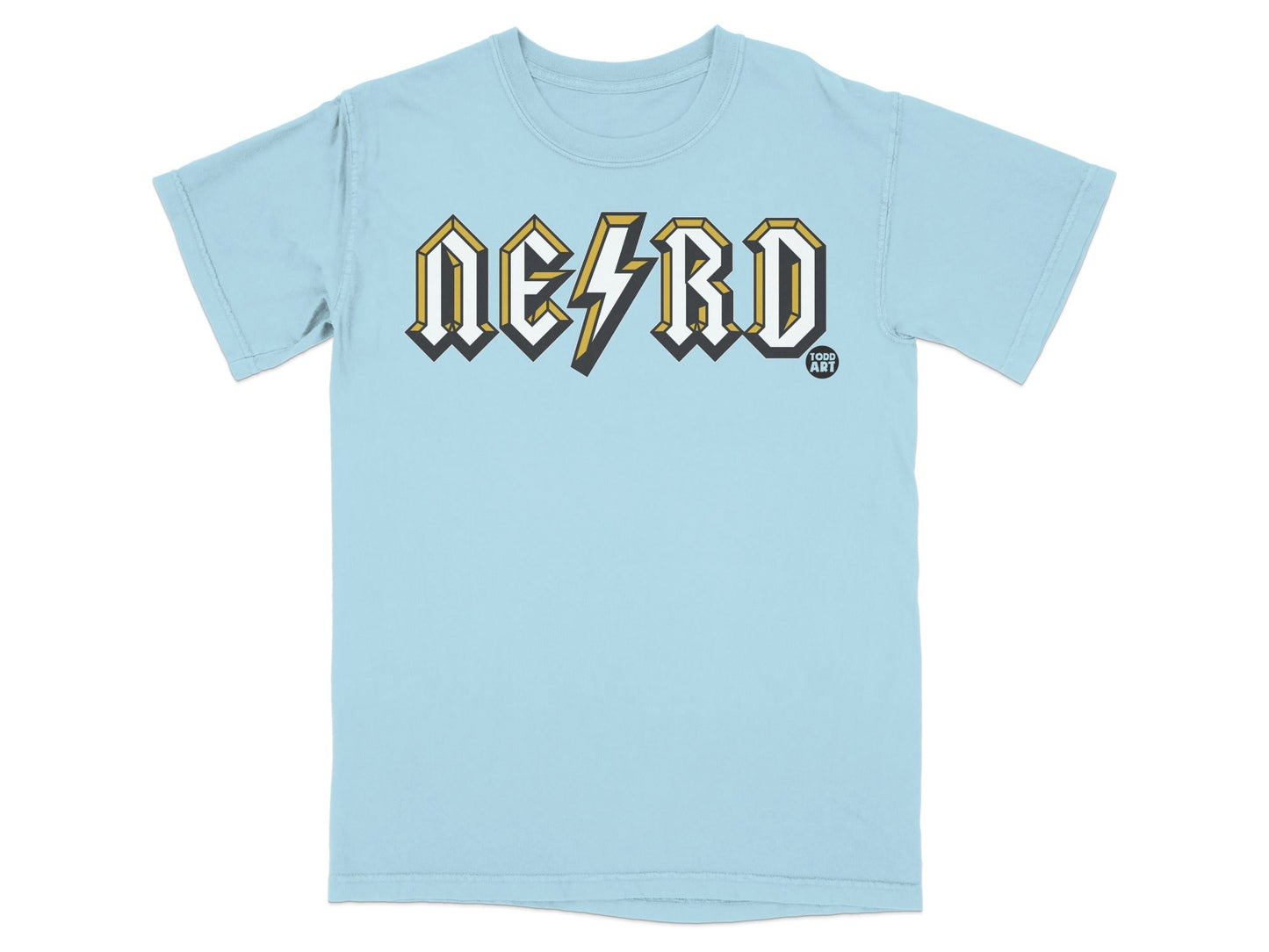 Light blue t-shirt with yellow and white "NERD" logo, "GOOD ART" in red square.
