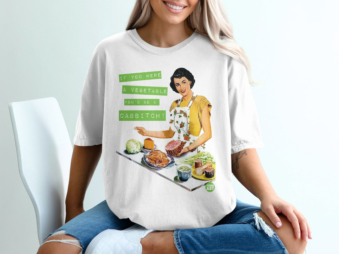 Retro illustration on a white t-shirt: woman cooking, with text "If you were a vegetable, GABB'TCH!"
