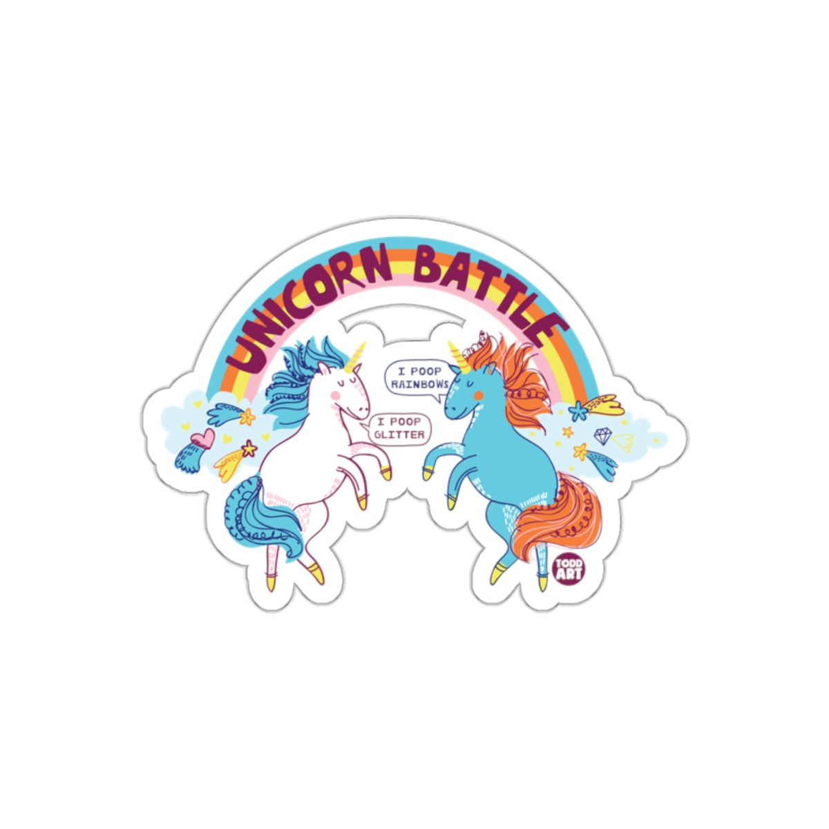 Unicorn Battle Sticker with Rainbow and Glitter Print