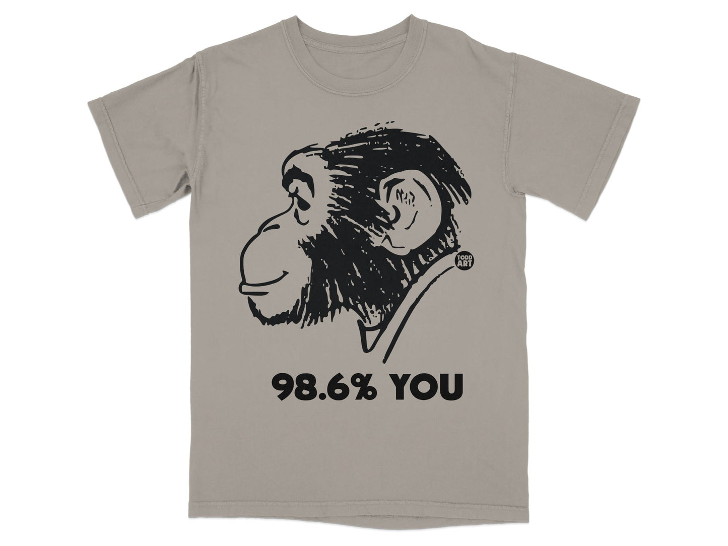 T-shirt with a black chimpanzee silhouette and the text "98.6% YOU".