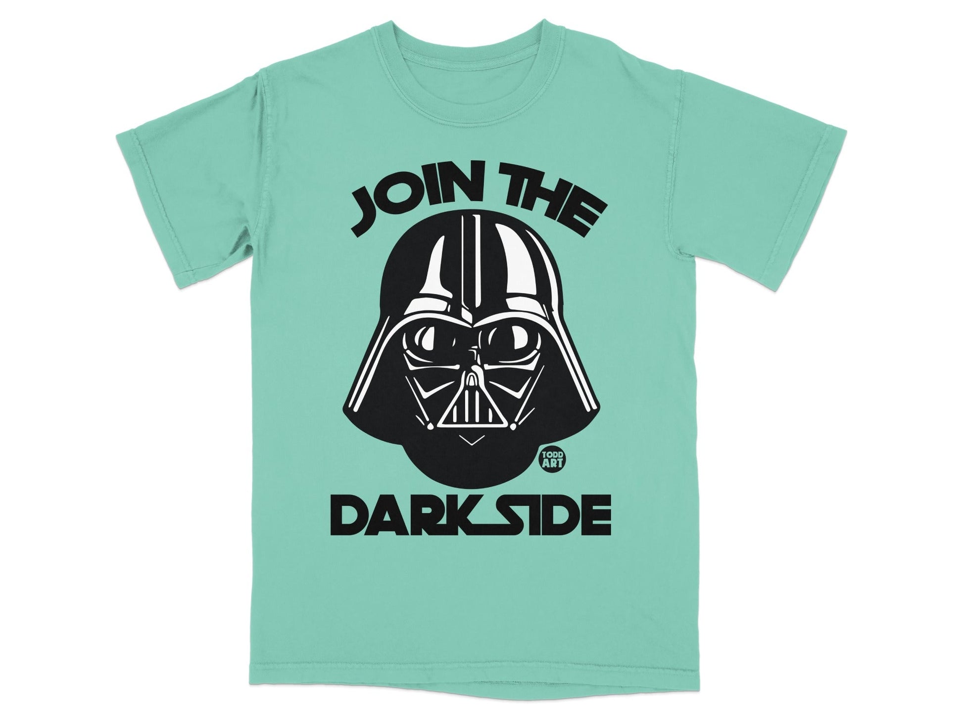 Darth Vader's helmet and "Join the Dark Side" text on a teal t-shirt.
